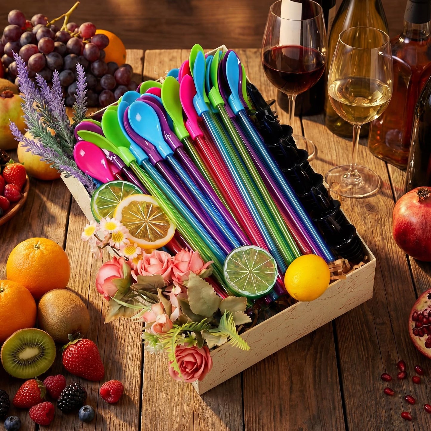 Sliner 6 Pcs Ice Syrup Precise Control Bottle Pouters 60 Pcs Hard Plastic Spoon Straws 9 in Detachable Kitchen Utensil Stirring Coffee Spoon, Professional Pour Spouts for Snow Cone & Drink Flavors