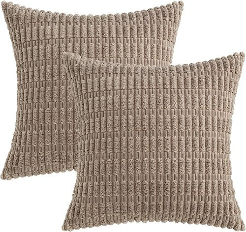 MIULEE Euro Sham Pillow Covers - Soft Boho Striped Corduroy | 22x22 Inch Light Brown Decor for Sofa & Bed