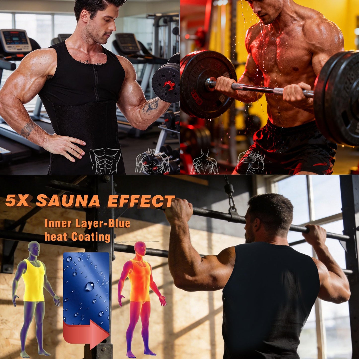 FEVOHOT Waist Trainer Sauna Shirt Suit For Men Sweat Compression Workout Gym Vest Body Shaper Zipper Tank Top Belt Belly Fat(BK 2XL)