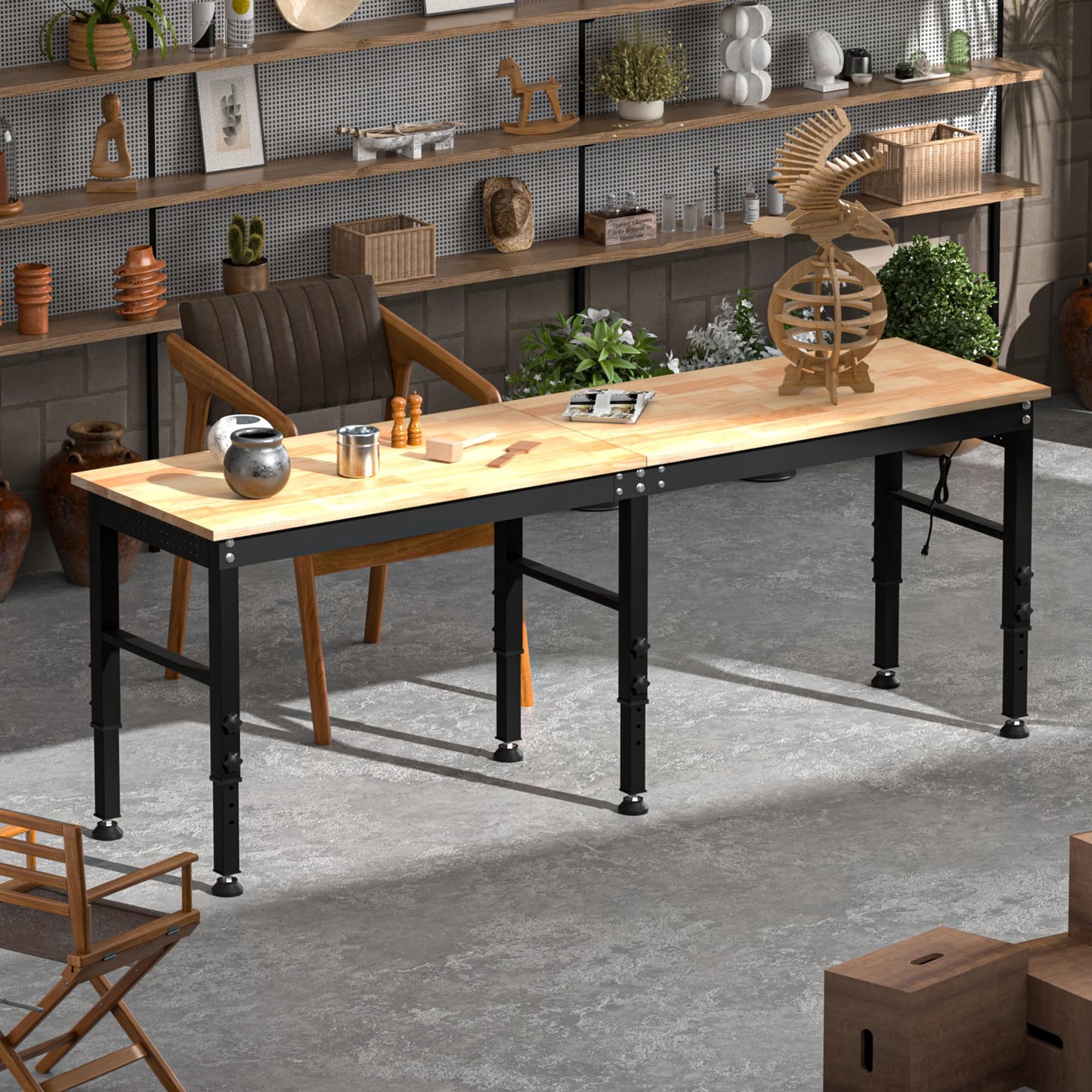 96'' Adjustable Workbench, 2500 LBS Load Capacity Heavy Duty Workstation with Power Outlets, Rubber Wood Top Worktable for Garage, Office,Workshop, Commercial