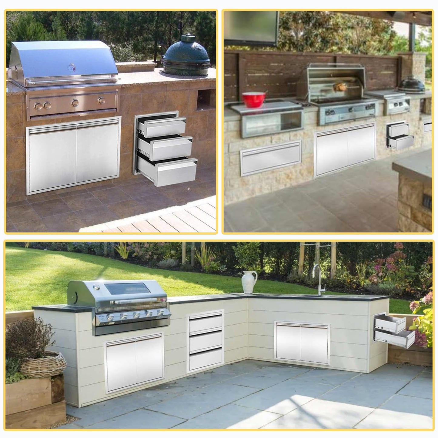 Outdoor Kitchen Drawers 14" W x 21" H x 23" D Triple BBQ Drawers Stainless Steel Built-in Drawer for Patio Grill Station or Outdoor Kitchen Island