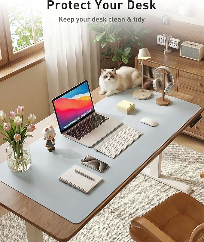 Aothia Faux Leather Desk Mat - Large Mouse Pad, Non-Slip PU Leather Blotter, Waterproof Writing Surface for Office and Home (Baby Blue, 40" x 24")