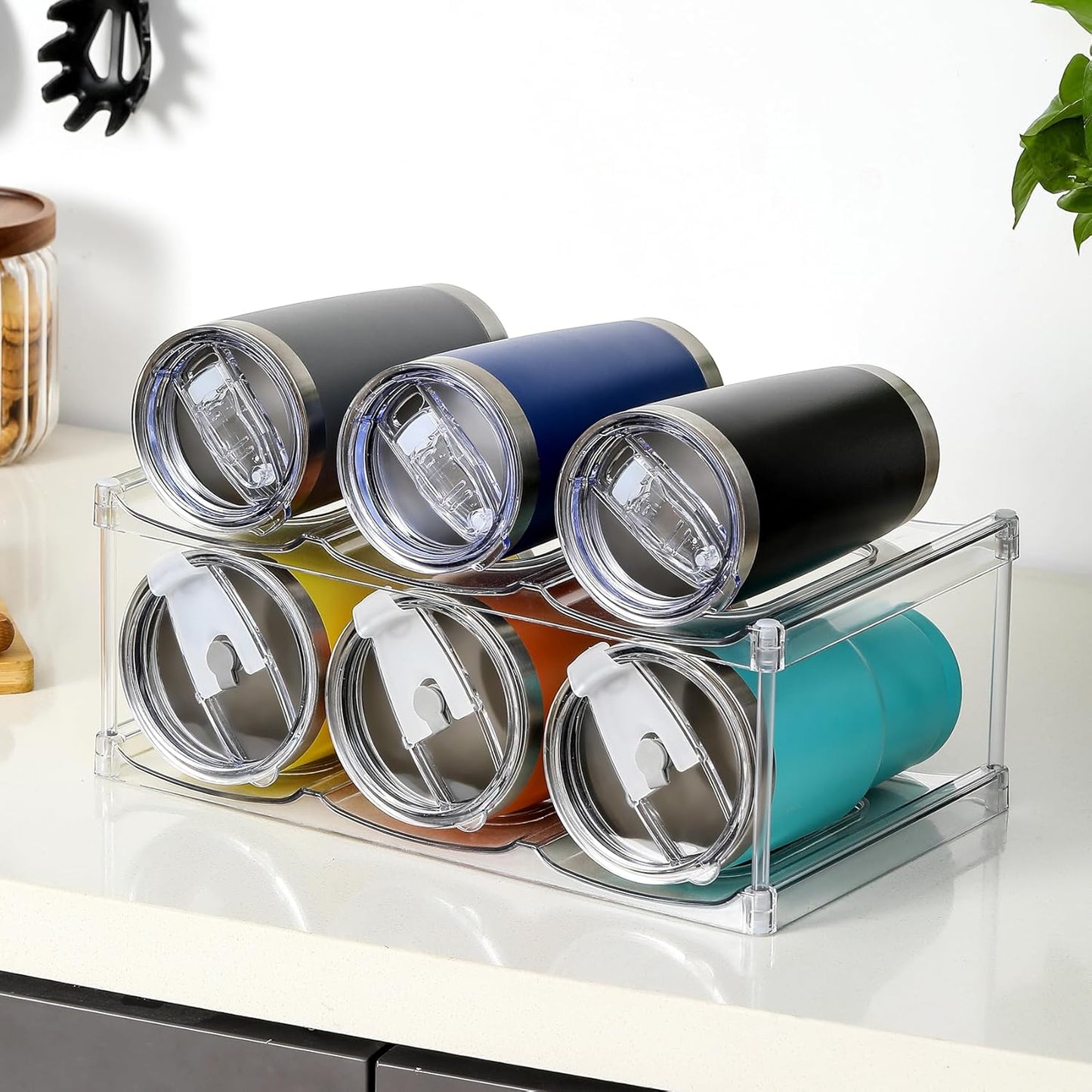 Skiennix Stackable Water Bottle Organizer - Holds 6 Large Tumblers | Clear Design for Cabinets & Counters