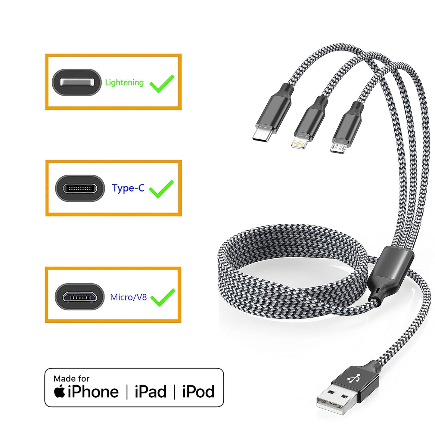 4ft 2Pack 3 1 Xnewcable Multi Charging Cable in Charger Cord, Multiple Rapid Nylon Braided Cable USB Charging Cable