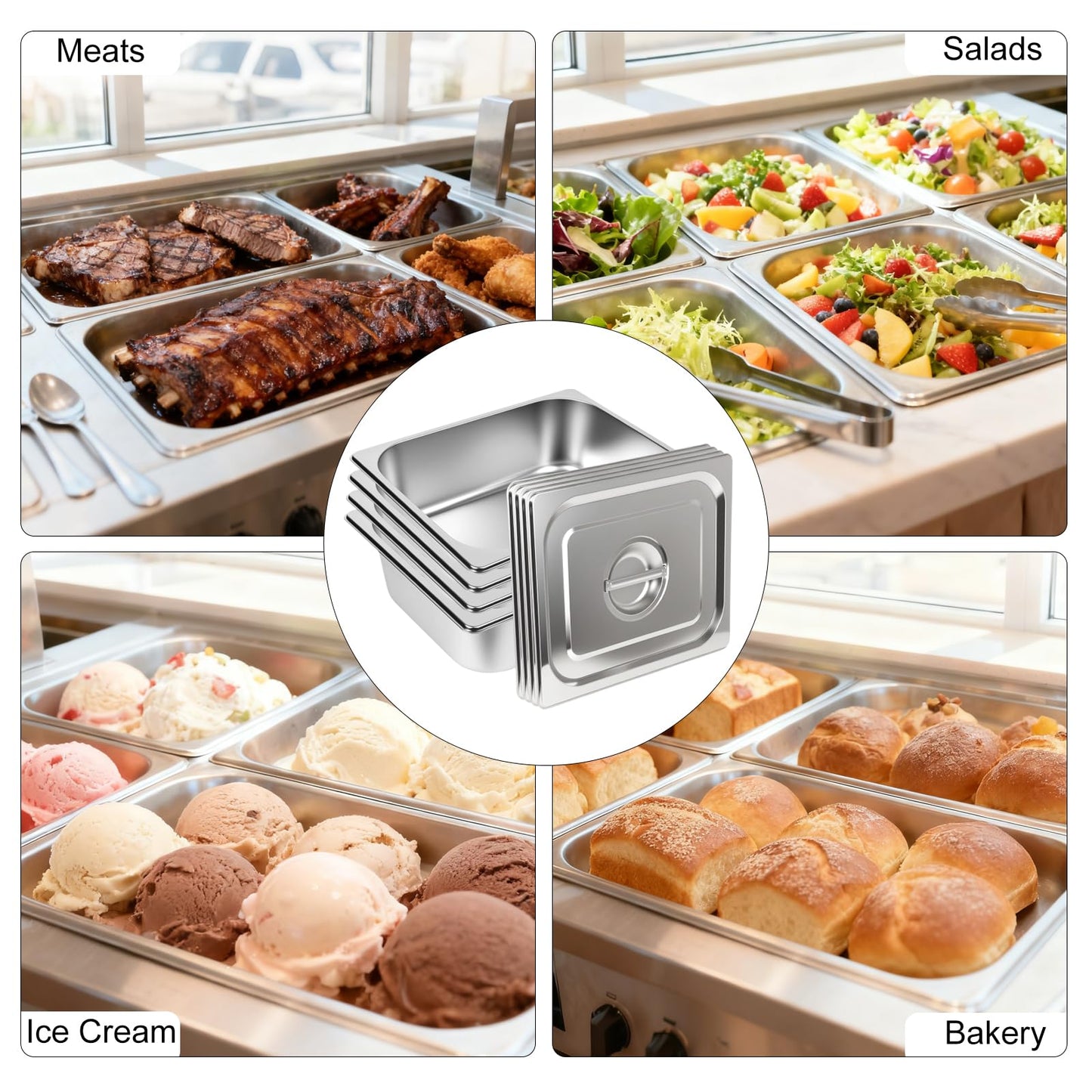 Botyboty 4 Pack 1/2 Half Size Hotel Pans 4 Inch Deep with Lids, Stainless Steel Steam Table Pan Half Size with Lids, Commercial Food Pans for Hotel, Home, Restaurant, Catering, Buffet Pan