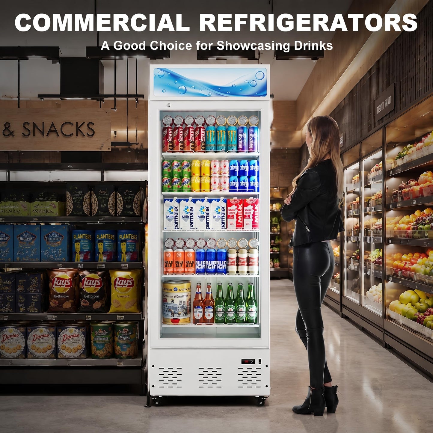 ECEVT 26.8'' W Commercial Beverage Refrigerator, 15 Cu.ft Upright Display Merchandiser Cooler Fridge with LED Light, Adjustable Shelves & Lockable Door for Restaurant Grocery Stores Home, White