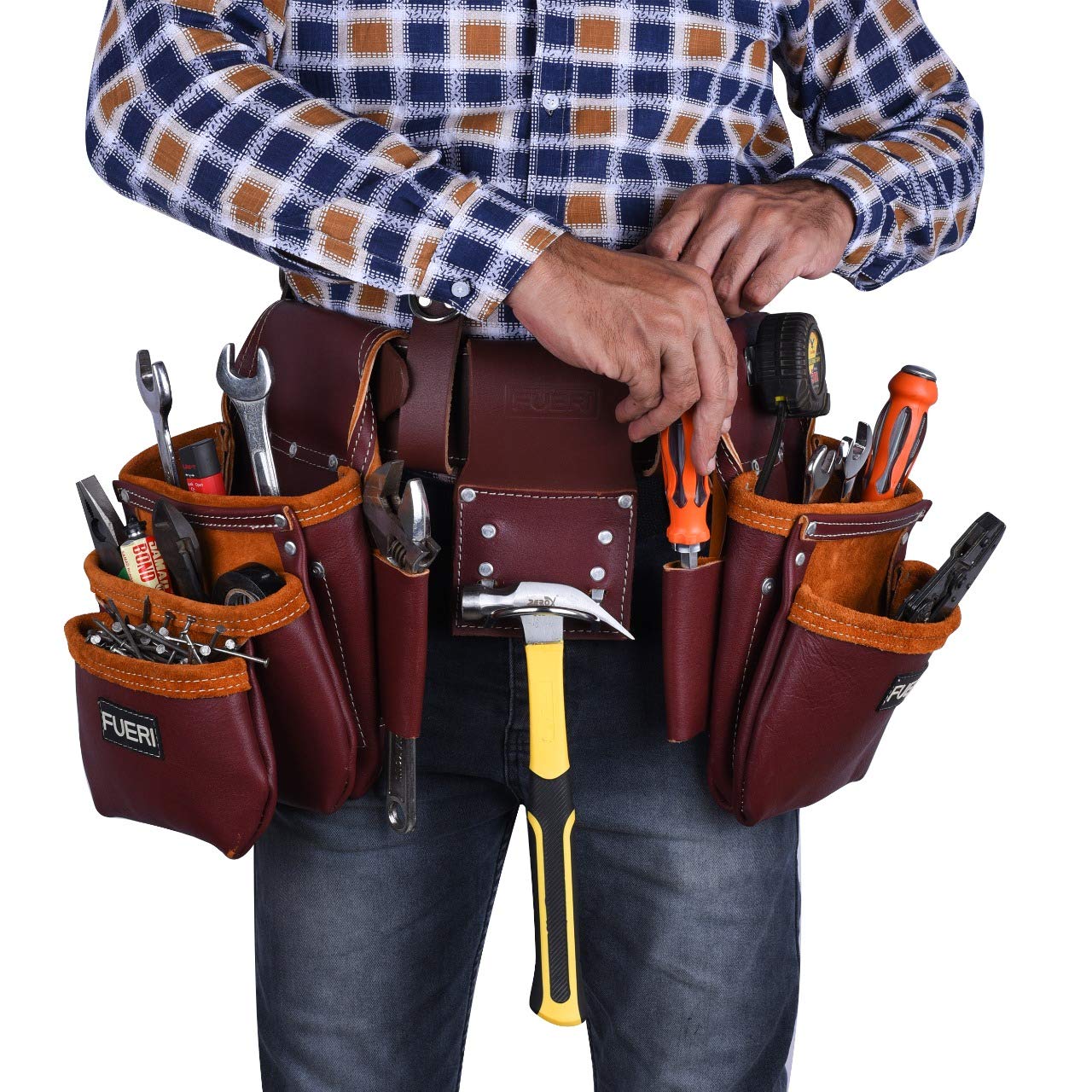 FUERI Full Grain Leather tool belts for men, Heavy-duty Carpenter Tool Rig organizer with 17 Pockets pouches, hammer holder, 4-Suspender loops, and a foam-padded belt for Framers, and Electricians