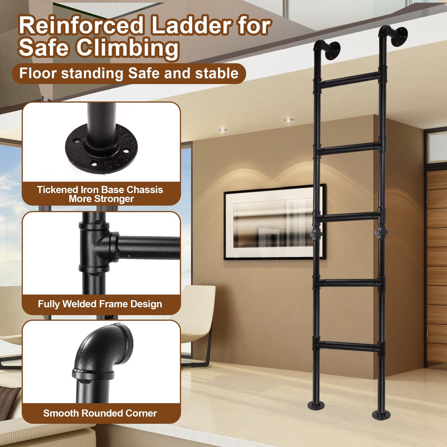 7FT/213cm Metal Loft Ladder, 7-Step Wall Floor Mounted Step Ladder for Egress Window Well, 330lbs Heavy-Duty Load Capacity, Indoor Outdoor Use for Home, Basement, High Entrance Loft Bed, Attic