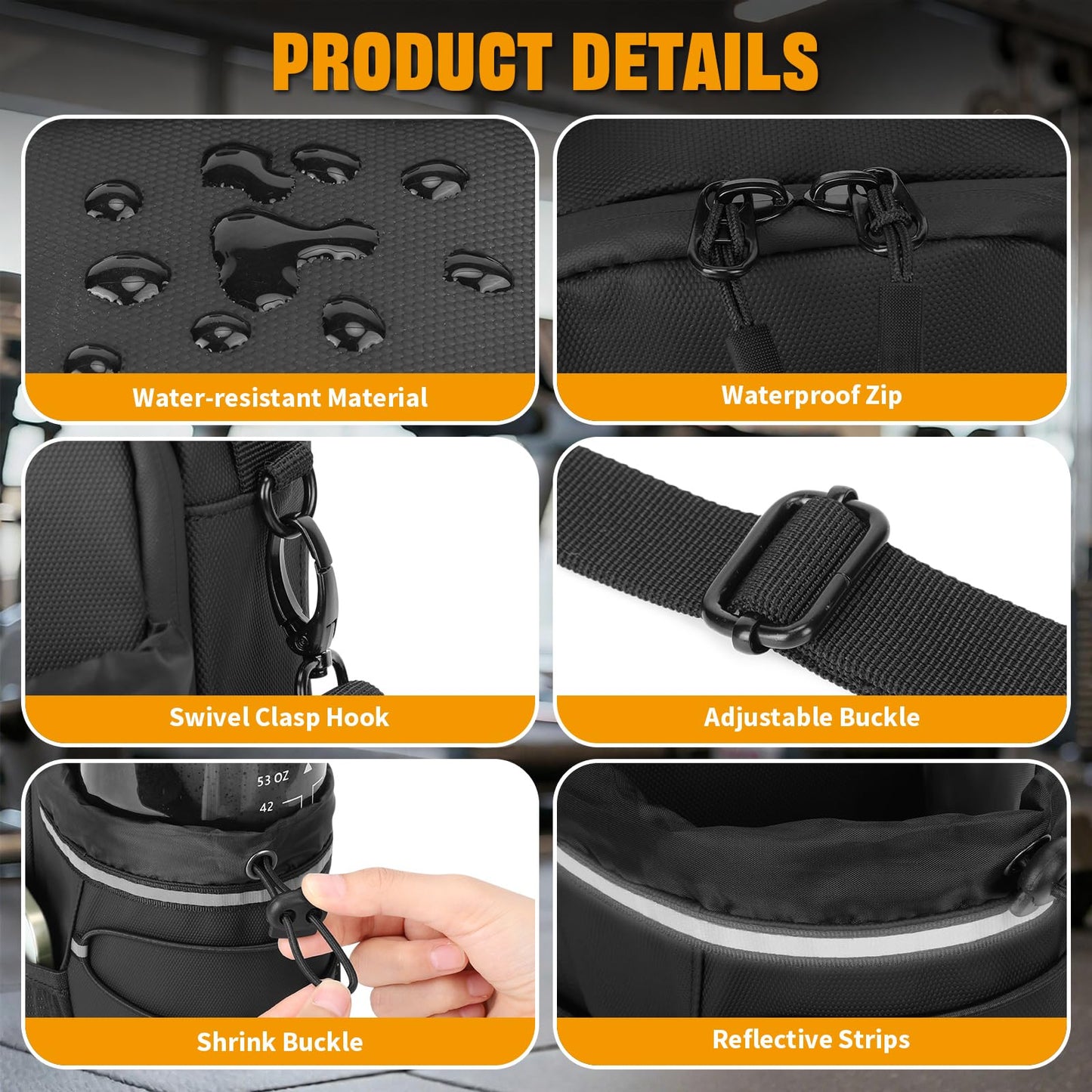 HUNTVP Magnetic Gym Bag Water Bottle Carrier Holder with Shoulder Strap & Phone Pockets, 64oz Large Magnetic Water Bottle Bag Pouch for Gym Fitness Accessories for Men and Women (4 Strong Magnets)