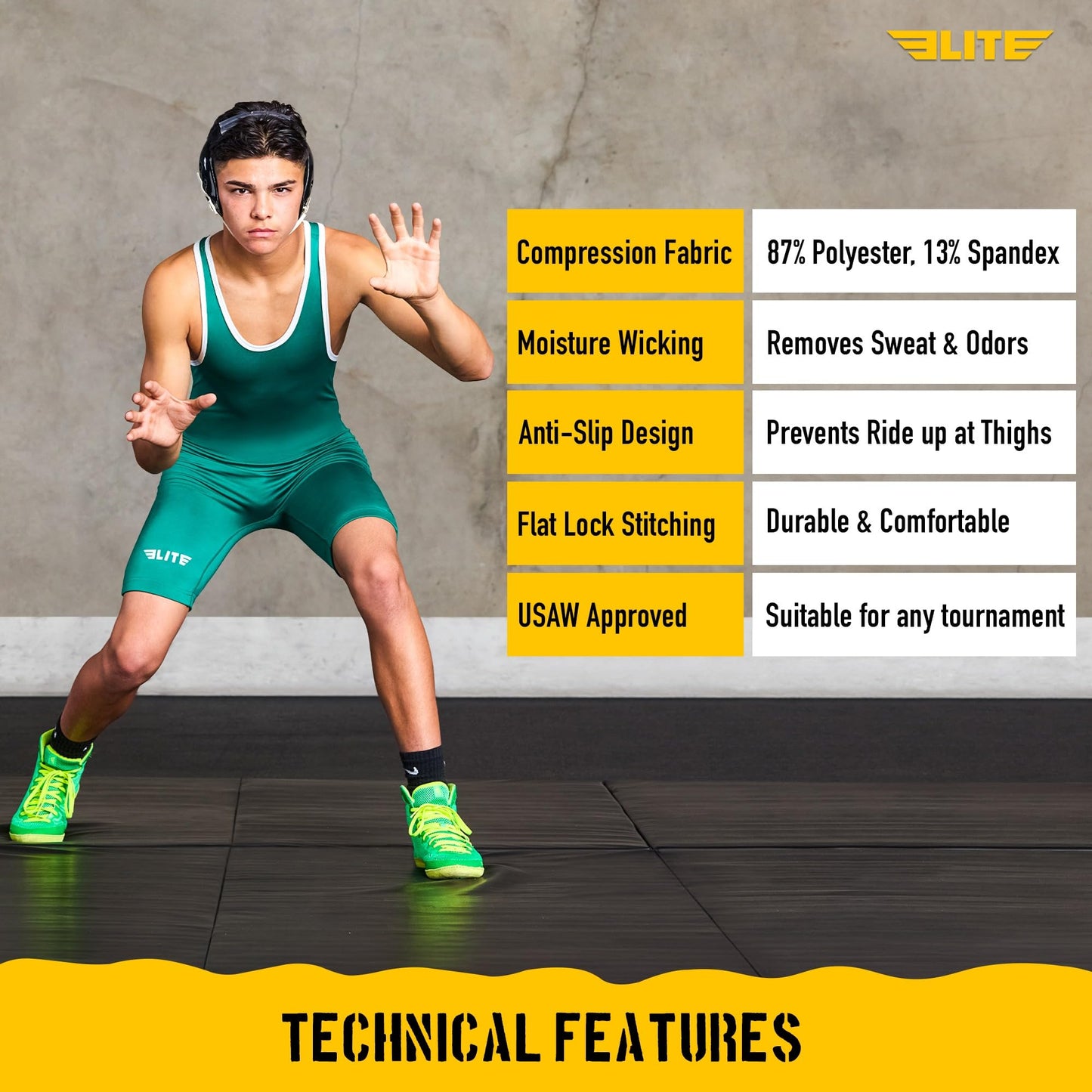 Elite Sports Men's Wrestling Singlet - Compression Powerlifting & Wrestling Uniform for MMA, BJJ, Grappling, Weightlifting