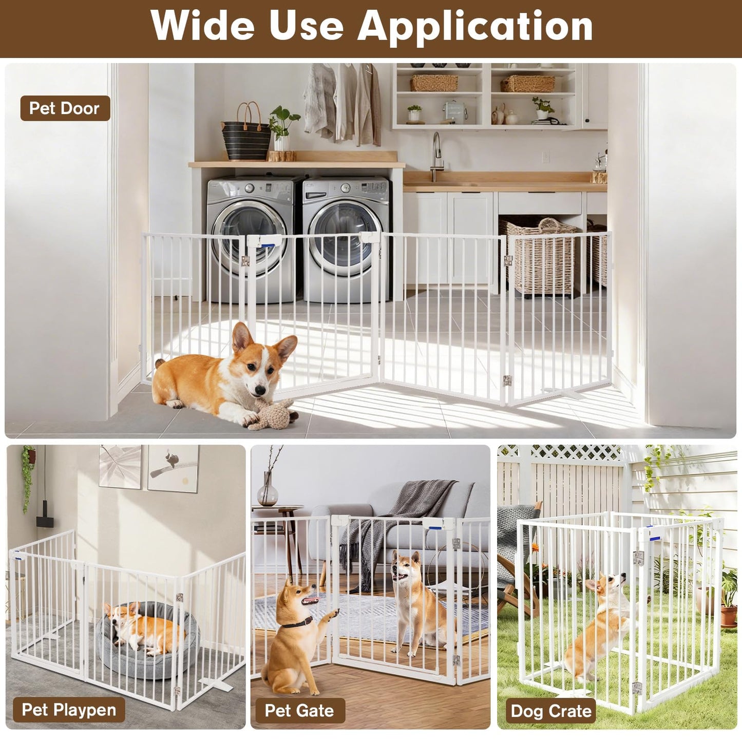 104" Extra Wide Dog Gate, Heavy Duty Metal Freestanding Dog Gate with Door for Indoor & Outdoor, Foldable Pet Fence for Doorways,House,Porch,Deck,Yard,Stairs, Auto Close(4 Panels,White)