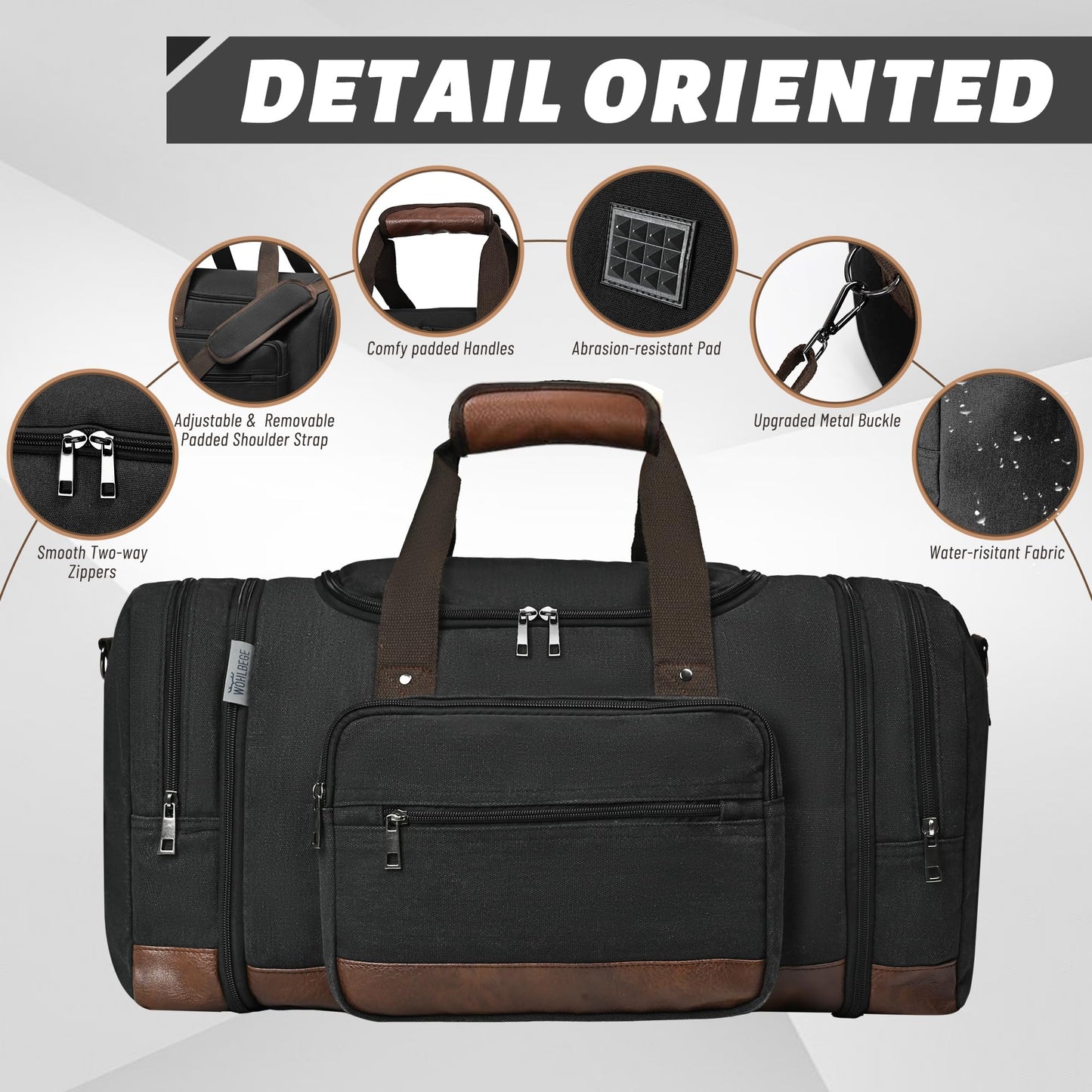 Wohlbege Duffle Bag for Travel,Overnight Weekend Gym Carry On Luggage Bag, 50L Canvas Travel Duffel Bag for Men Women, Expandable Spacious Travel Duffel Bag, Black