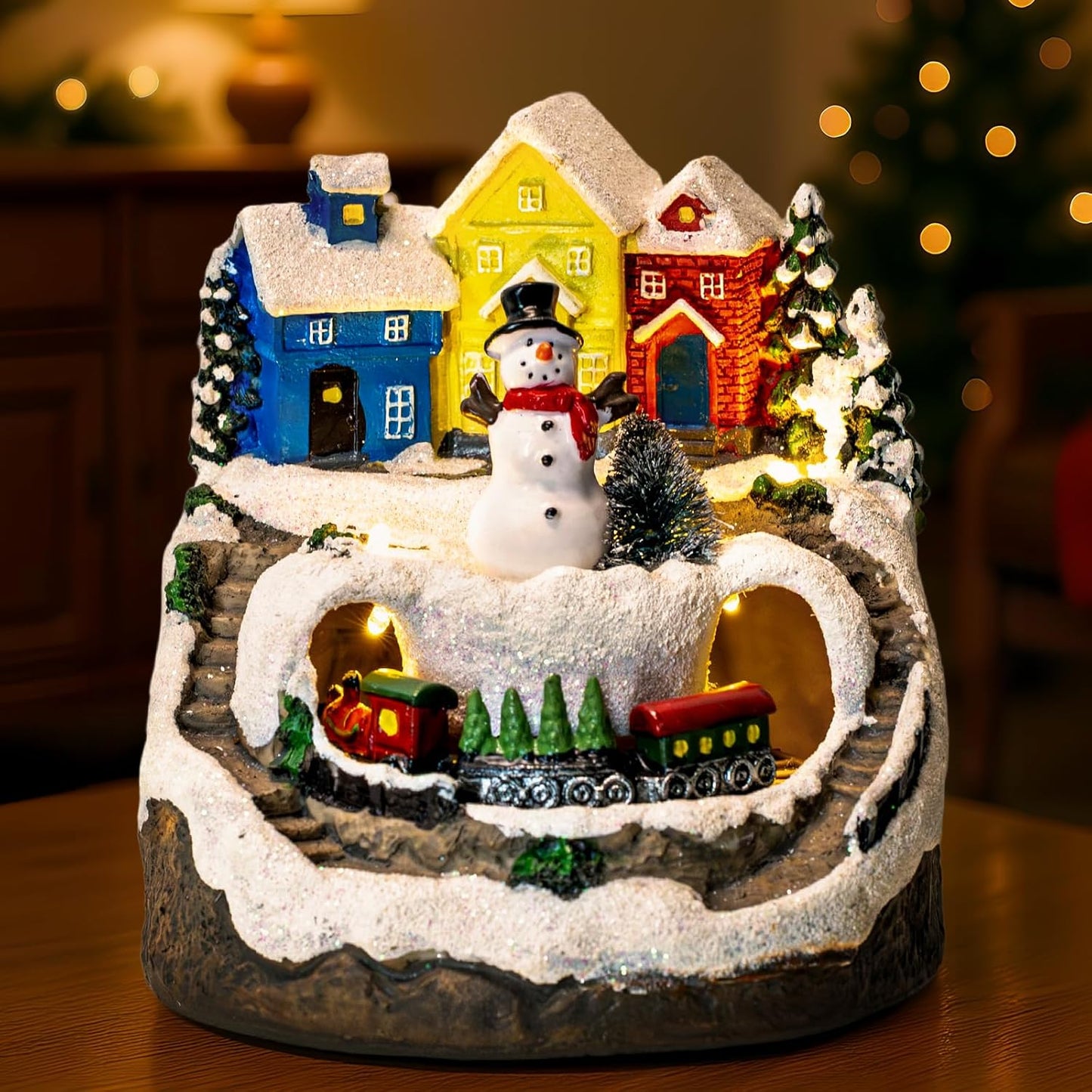 ZQQLITE Animated Musical Christmas Snowman Village - Lighted Figurines with Rotating Train for Festive Home Decor