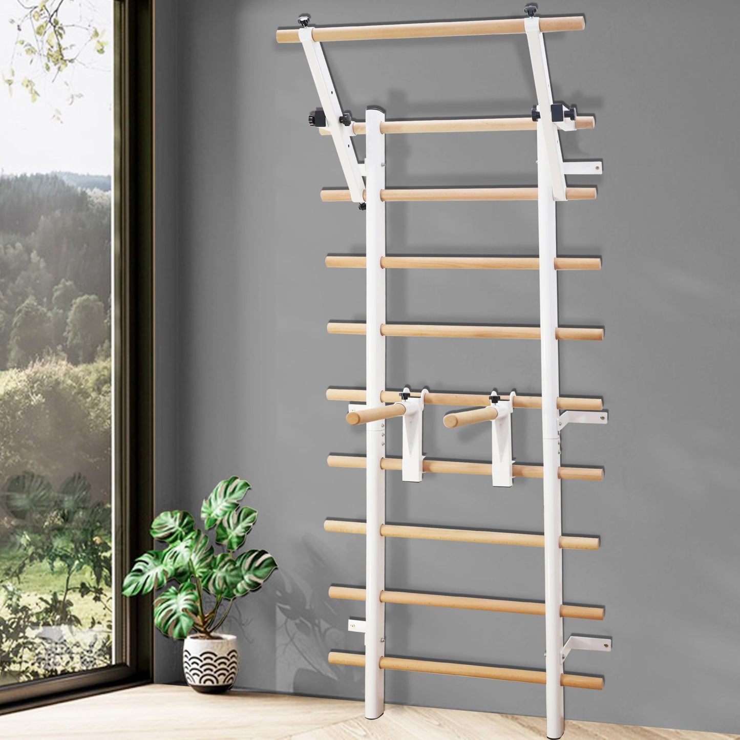 PreGymnastic Stall Bars, Swedish Ladder for Adult and Kids, Wall Bar with Solid Beech Wood Rods, Durable Steel Frame, Adjustable Pull Up and Dip for Strength, Flexibility at Home Gym, Studio