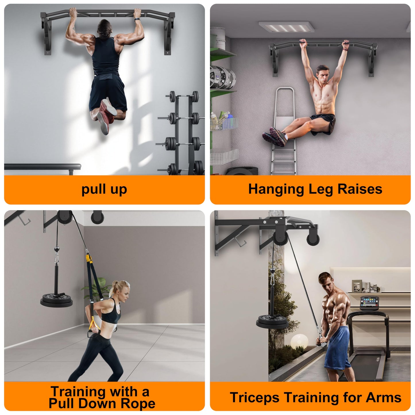 HWOOUSA Wall Mounted Pull Up Bar With Pulley System, 600lbs Heavy Duty Chin Up Bar, 48" Multi Grip Pullup Bar, for Garage Indoor Basement Workout Strength Training Equipment, Ease Of Use Mounting