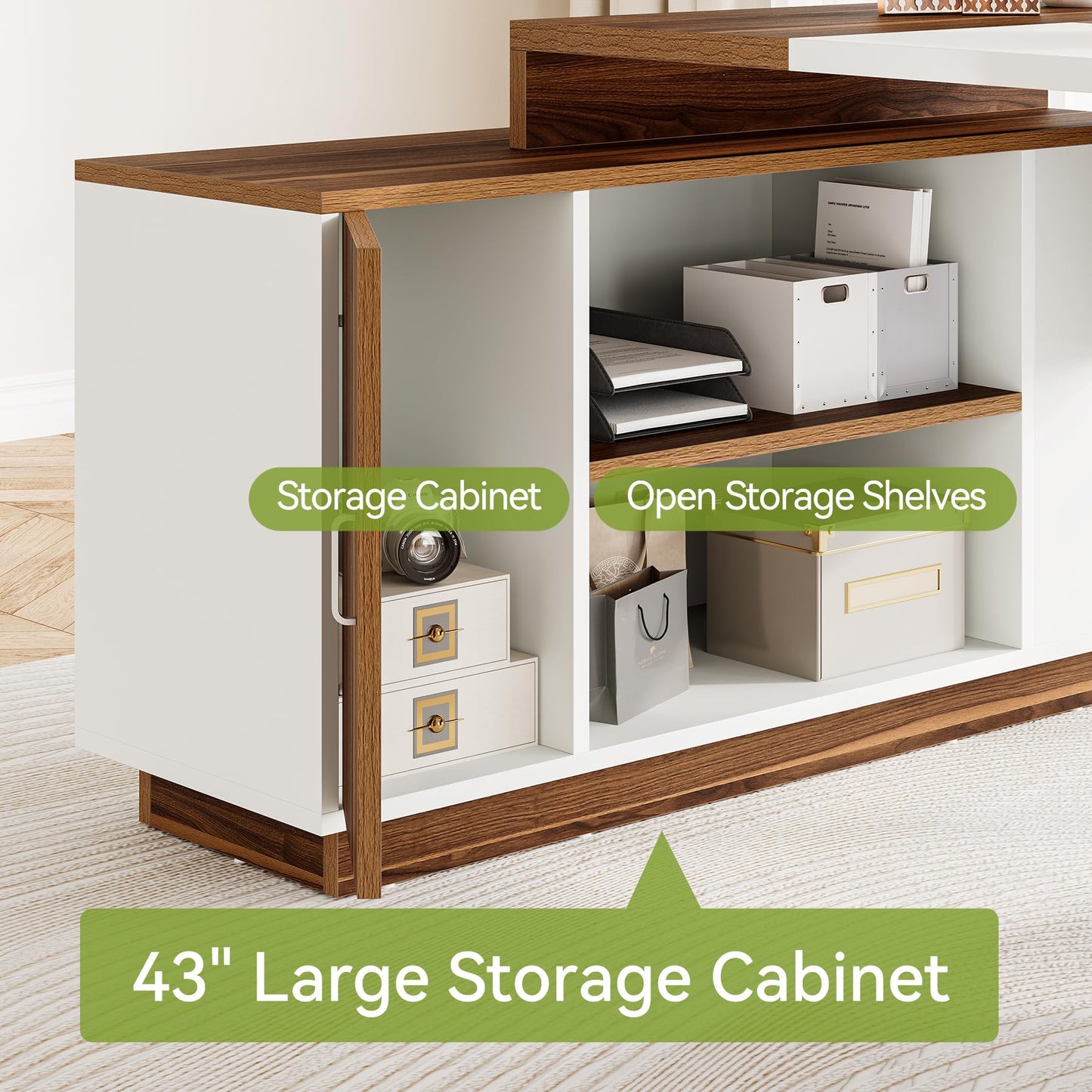 LITTLE TREE 70.5-Inch Executive Desk, Large Home Office Desk with Storage Cabinet and Open Shelves, L-Shaped Computer Corner Desk, Workstation for Office Home, Walnut and Black