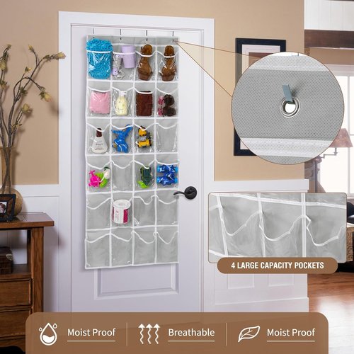 GOMAJI Over The Door Shoe Organizer - 24 Pocket Space-Saving Storage Holder, Gray (64" X 19")