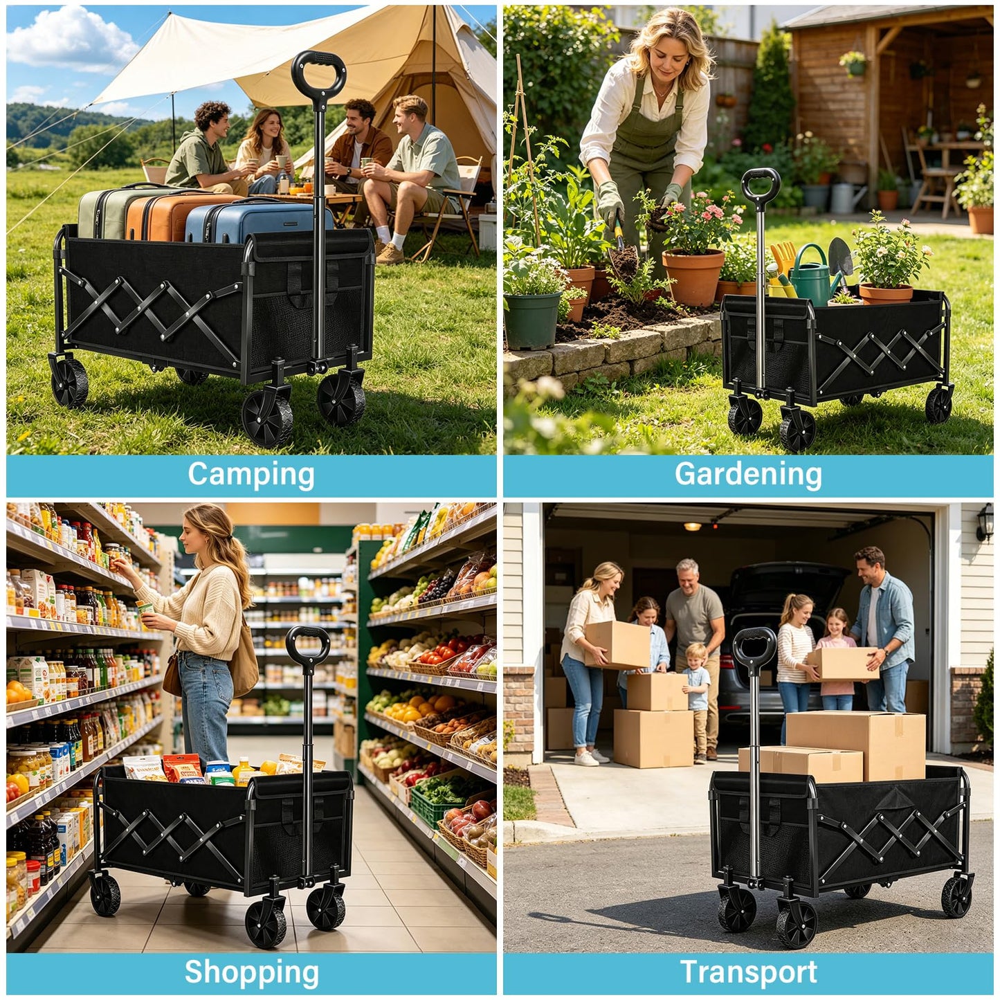Collapsible Wagon Cart with All-Terrain Wheels - Folding Utility 360LBS Heavy Duty Wagons Carts for Grocery Sports Garden Shopping Camping Fishing (Black, 120L)