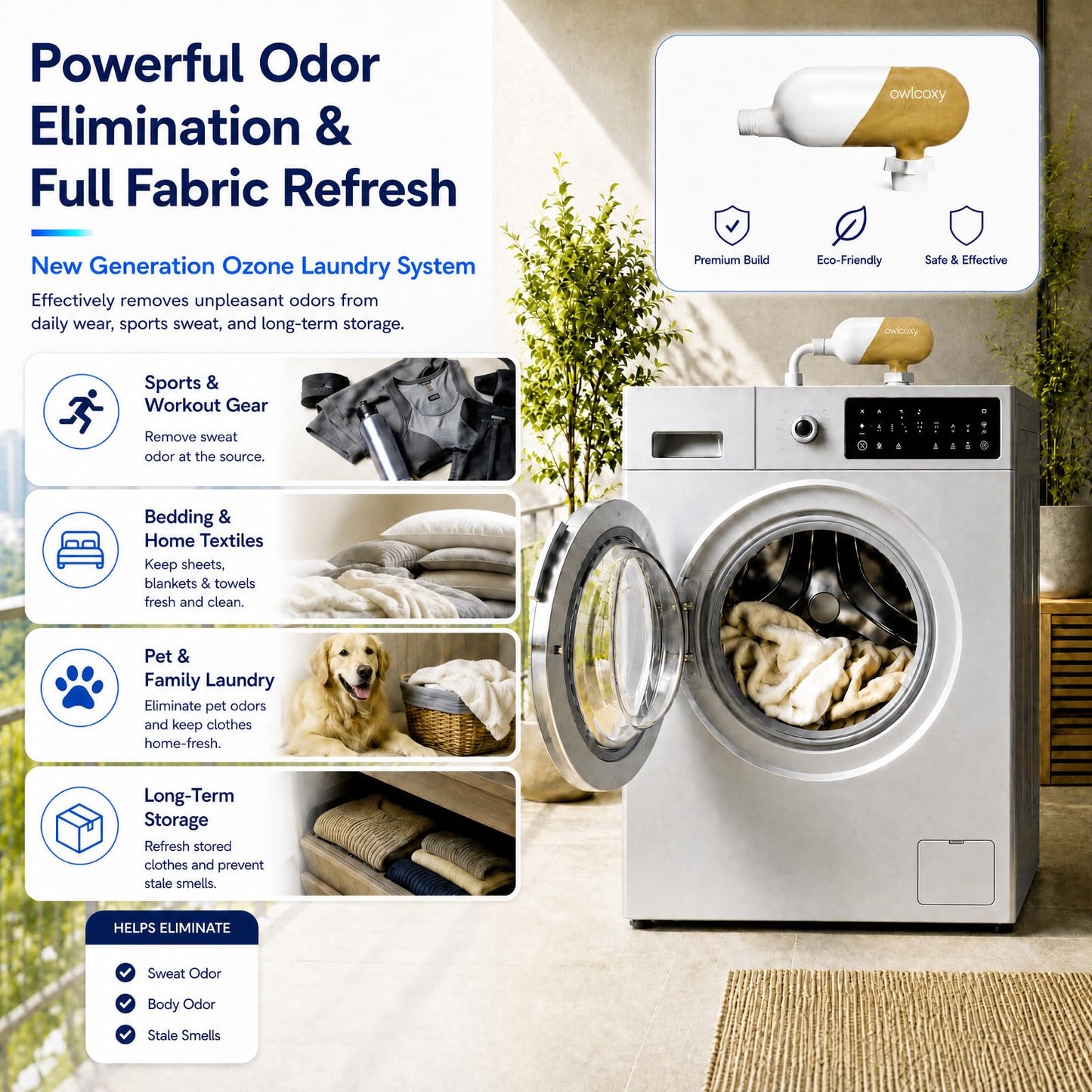 Portable Ozone Laundry System, Chemical‑Free Fabric Sanitizer and Deep Cleaner, Universal Odor Eliminator for Washing Machine, Home Fabric Freshener for Clothes, Bedding and Towels