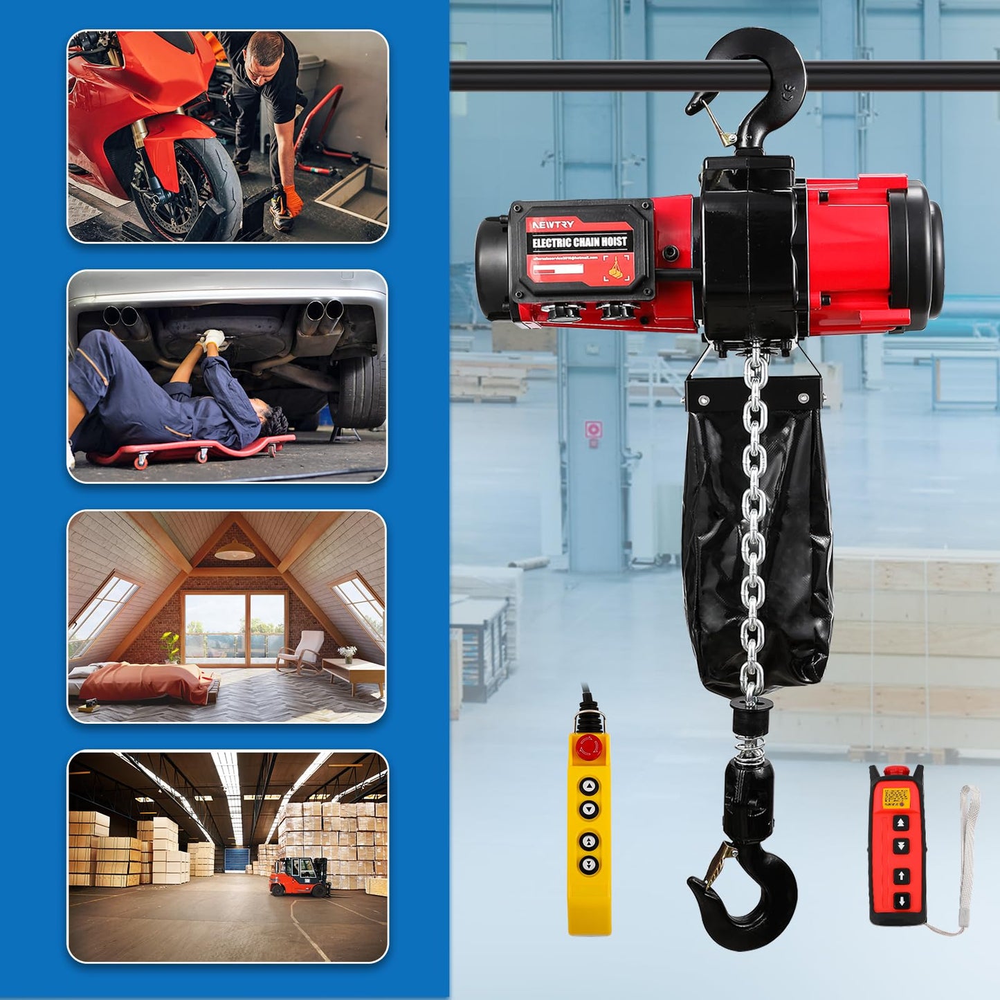 NEWTRY 2-Speed Electric Chain Hoist 2200lb, Pendant & Remote Control, 13ft/min & 22.3ft/min Brushless Overhead Crane Lift, G80 10ft Lifting Height Power Electric Hoists 110V