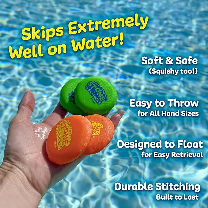 Soft Stone Skippers Game โ Fun Pool Toys for Kids All Ages - 4 Pack Water Skipping Discs Set โ Best Beach Games Gifts for Boys & Girls Ages 5 6 7 8 9 10 11 + Year Old - Water Bouncing Skip Ball Toy