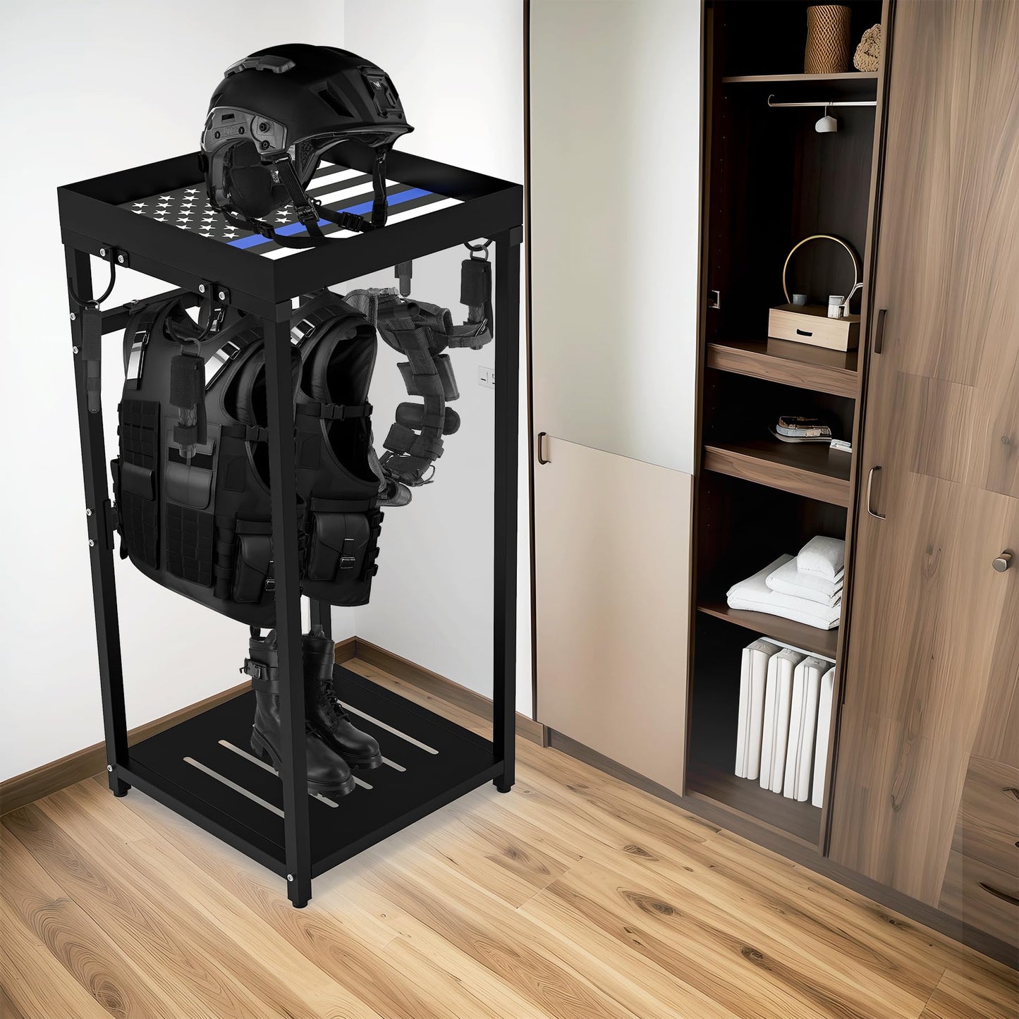 Neoaider Police Gear Stand 18” x 18” x 38”, Tactical Duty Gear Rack Decor with Thin Blue Line Flag, Black Police Hanger with 7 Hooks, Body Armor Stand for Police Gift