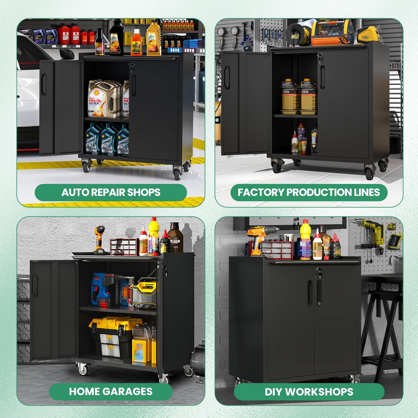 VIYET Garage Cabinets,Metal Garage Storage Cabinet with Wheels,Black Lockable Rolling Tool Cabinet with Drawer and Adjustable Shelves,Heavy Duty Tool Chest for Home Office Utility Room