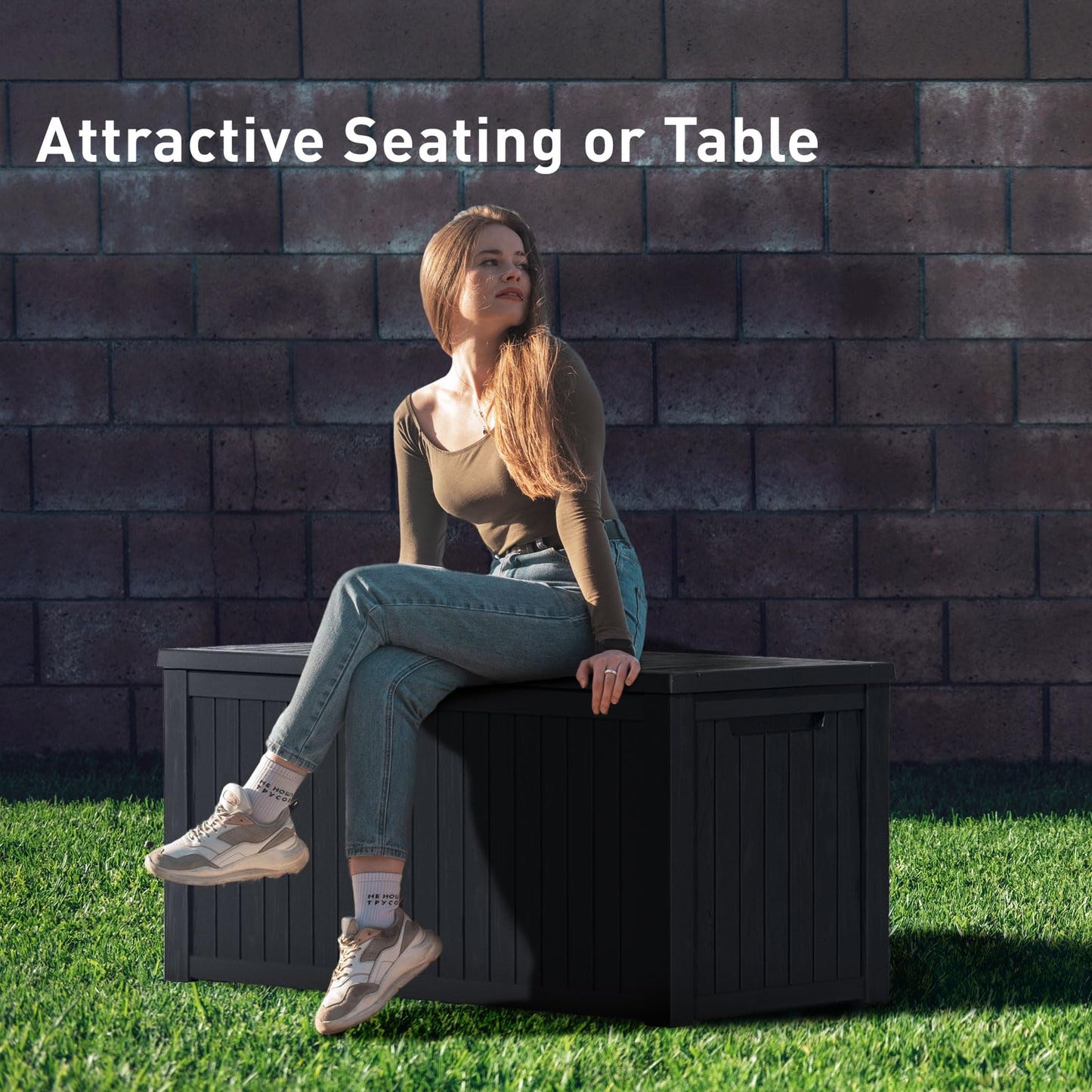 DRATO 200 Gallon Deck Box, Waterproof Resin Large Outdoor Storgae Box for Patio Furniture, Patio Cushions, Gardening Tools, Pool Supplies, Lockable (Black, 200 Gallon)