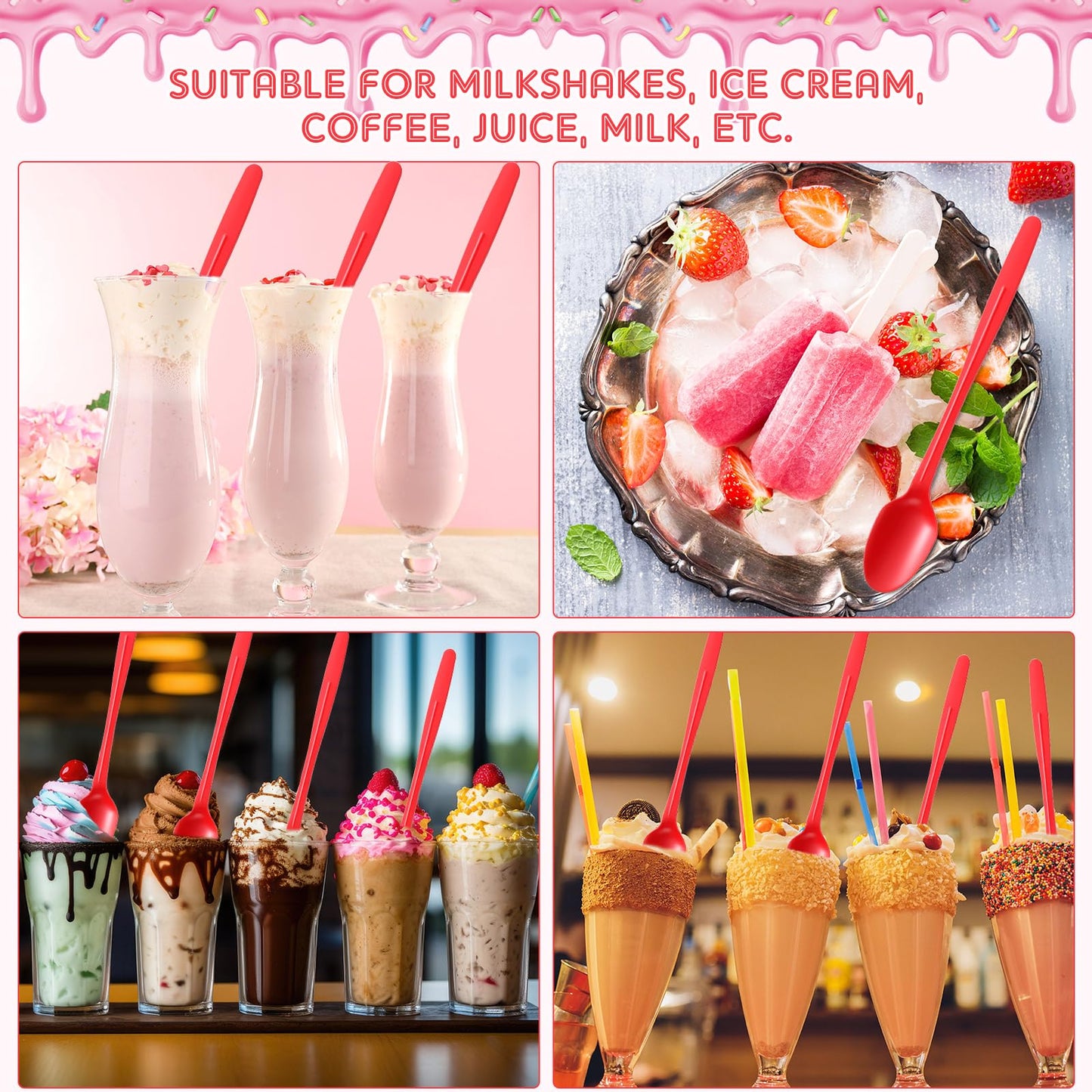 Potchen 200 Pcs Extra Long Spoons for Ice Cream Floats Plastic Sundae Spoons Bulk 8 Inch Long Handle Spoon Heavy Duty for Ice Cream Milkshakes Tea Cocktails Root Beer Float and Tall Beverages (Red)