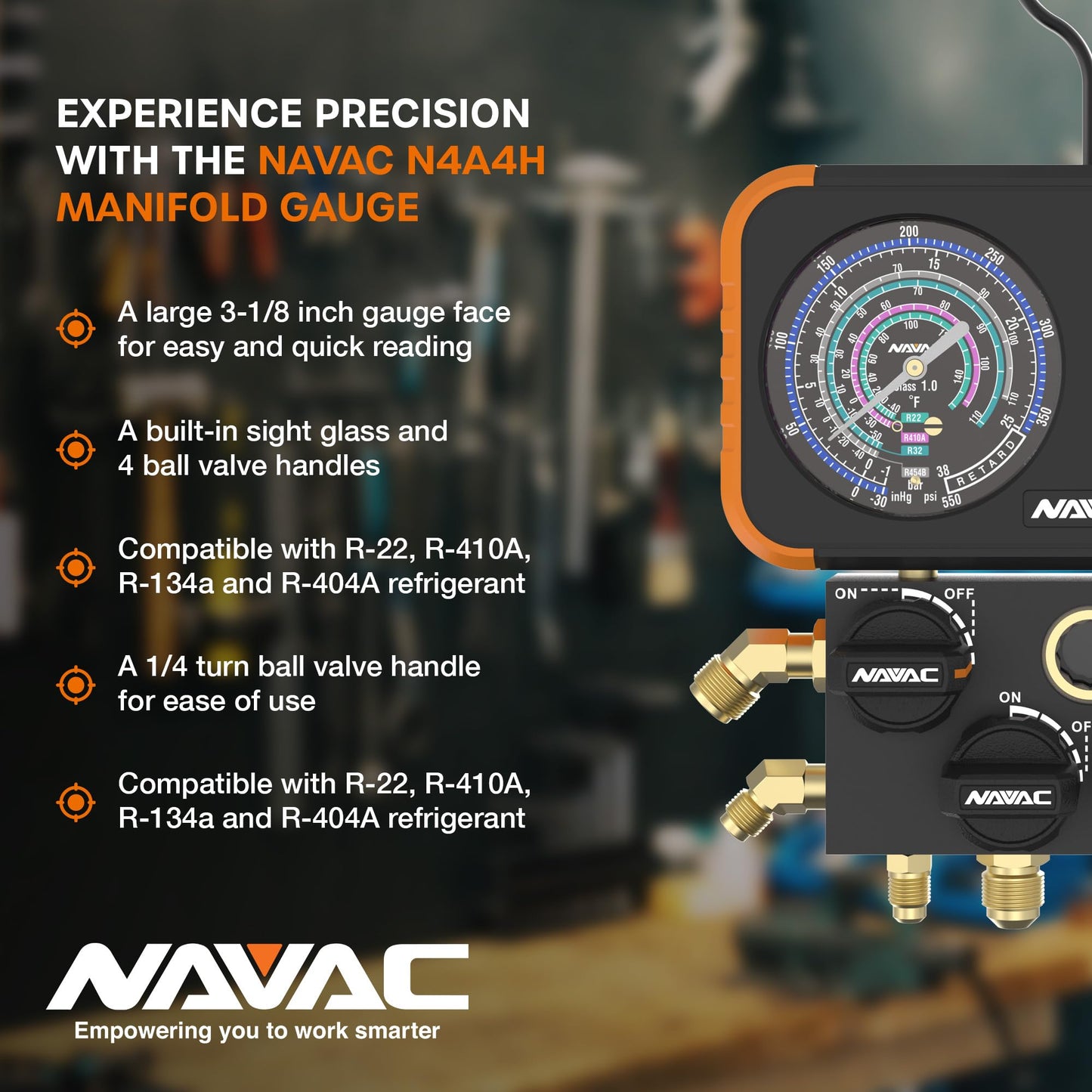 NAVAC N4A4H Manifold Gauge | Class 1.0 Accuracy | Impact-Resistant HVAC Gauge | Aluminum Body and Rubber Cover | Easy-to-Read Analog Display | 4 Valves | with Hoses | 1 Year Warranty