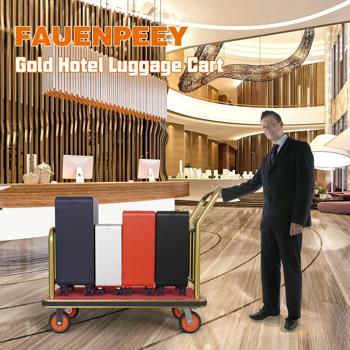 Fauenpeey Gold Hotel Metal Classic Luggage Cart 42"x24" Bellman Cart Baffle Guardrail Weight Capacity Up to 850 lbs