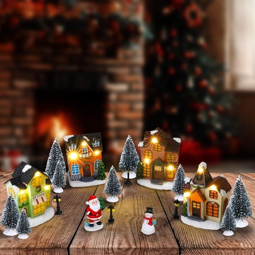 Aneco 19-Piece Christmas Village Set | Resin Houses, Santa & Snowman Figurines, LED Lights, Pine Trees for Winter Decor