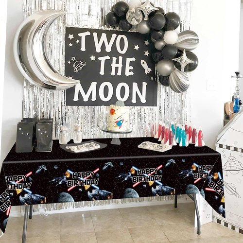 3 Pieces Space Battleship Wars Themed Birthday Party Decorations Tablecloth, Large Size 54 x 108 Inch Rectangular Plastic Table Cloth Star Galaxy Universe Starship for Boys Kids Party Decorations