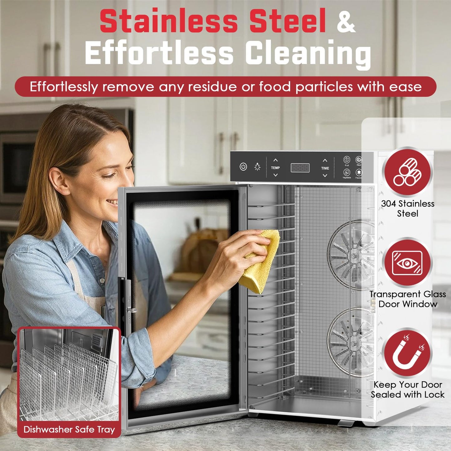 HOPERAN Food Dehydrator Stainless Steel - 800W Electric Dehydrator Machine with 4 Presets, Adjustable Timer, Temperature Control, Digital Food Dryer for Herb, Dog Treats,Meats & Veggies (16 Trays)