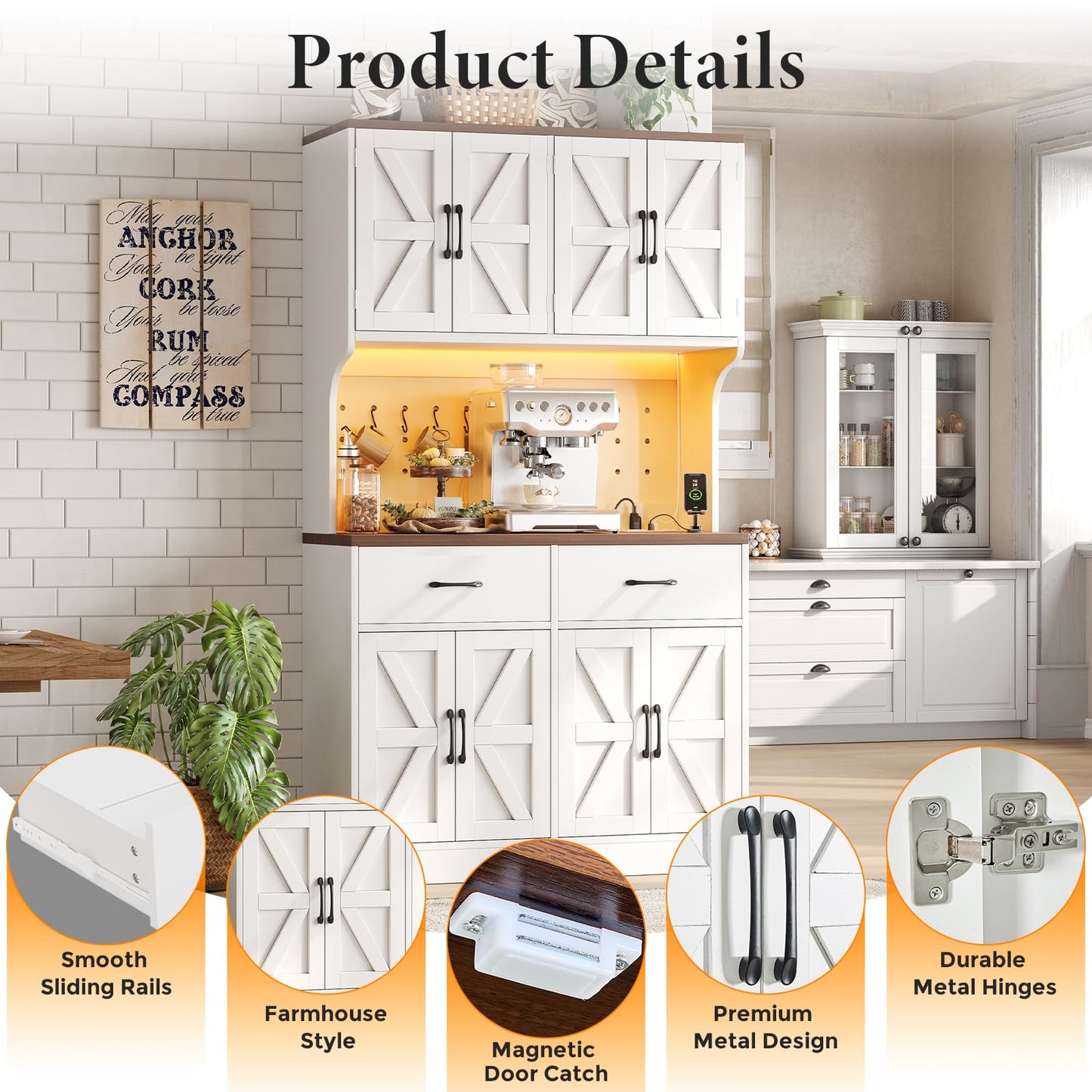 VK·LIVING 71" Kitchen Pantry Cabinet with LED Light & Charging Station, Farmhouse Storage Cabinet with Adjustable Shelves & 2 Drawers, Large Kitchen Pantry with Coffee Bar, White