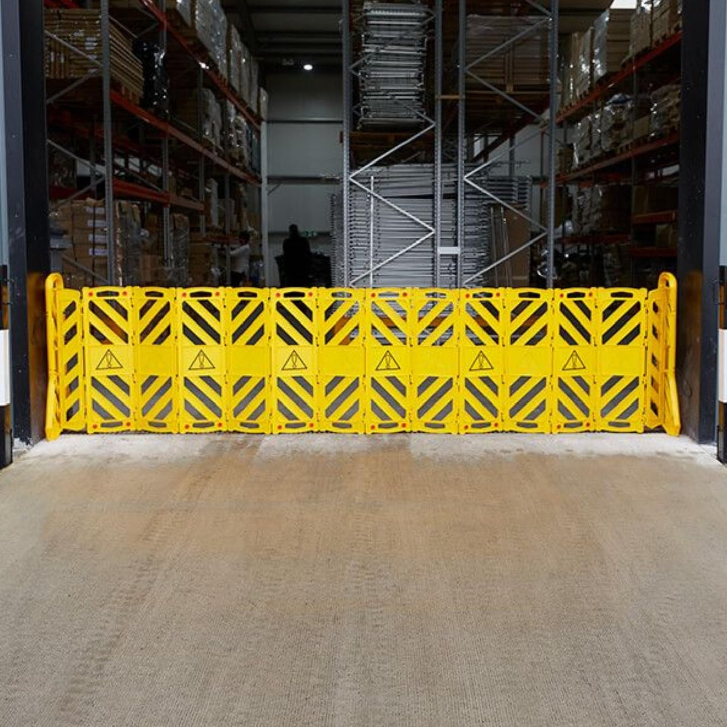 Pittman 13 ft GHP Expandable Mobile Barricade, 40" High Portable Yellow and Black Plastic Safety Gate Barrier with Hazard Markers, Braking Caster Wheels and Built-in Clip-in Straps (727320)
