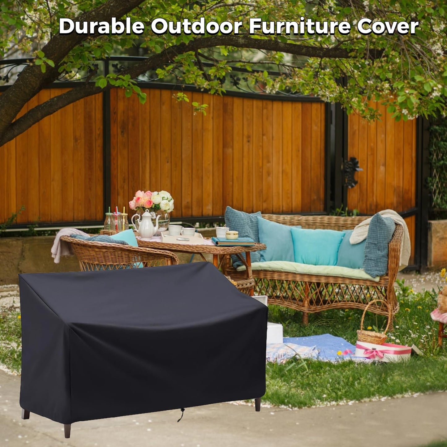 Outdoor Bench Cover, 2 Seater Patio Bench Cover, Waterproof Heavy Duty Furniture Cover with Air Vents, Buckles and Drawcord, All Weather UV Dust Protection for Porch Deck Garden, 53 x 26 x 35 in