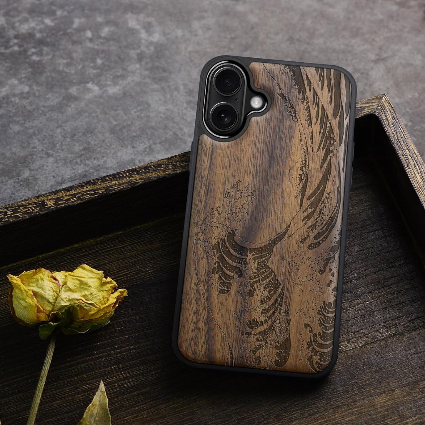 Carveit 16 Magnetic Wooden Case for iPhone Case, Wood Artisan Engraved & Black Soft TPU Shockproof Cover, Compatible