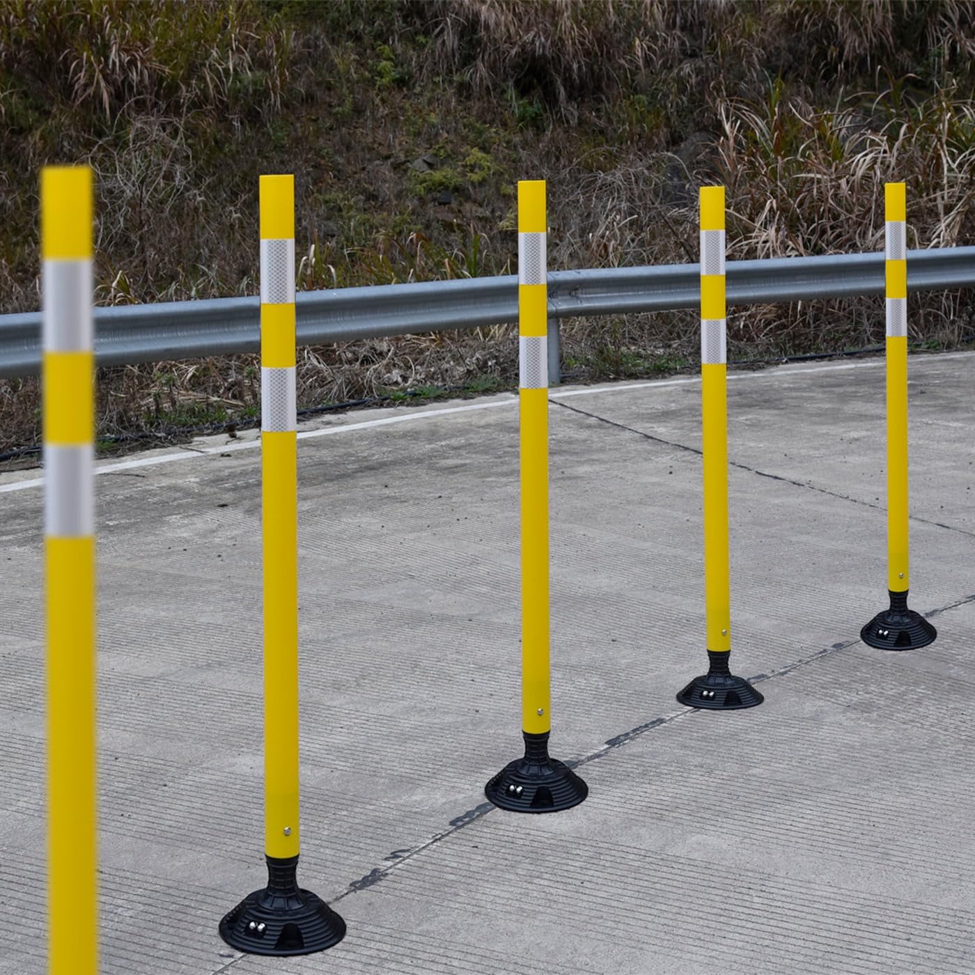 8 Pack Traffic Delineator Post Cones, High Visibility 3M Reflective Tapes, Flexible Spring Post with Detachable Base, for Highway Road Safety, Garage, Parking Lot (Yellow, 48")