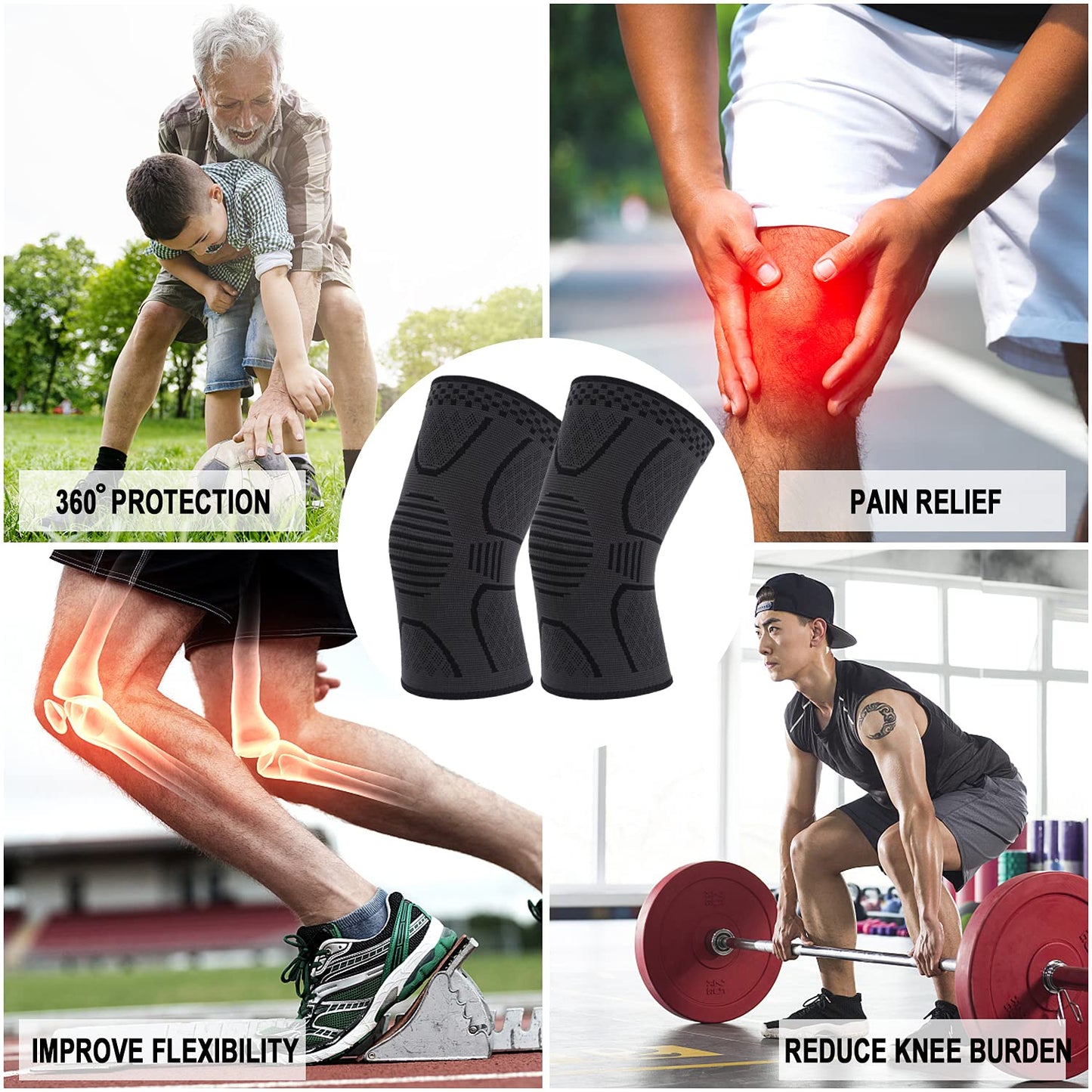 Double Couple 2 Pack Copper Knee Brace Knee Compression Sleeve Support for Men Women Knee Pain Working Out Running Sport Arthritis(Black&Dark Grey,Medium)