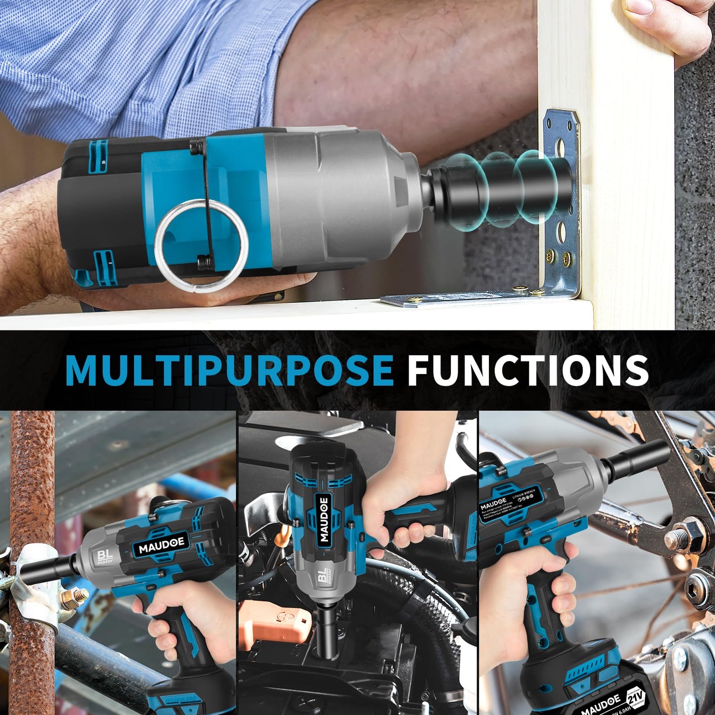 MAUDOE 2000Nm Cordless Impact Gun, 1/2" 1500Ft-lbs Heavy Duty Impact Wrench with 2 x 6.0Ah Battery & 5 Sockets, 21V Brushless High Torque Electric Pistola Llave de Impacto for Car/Truck RV/Mower