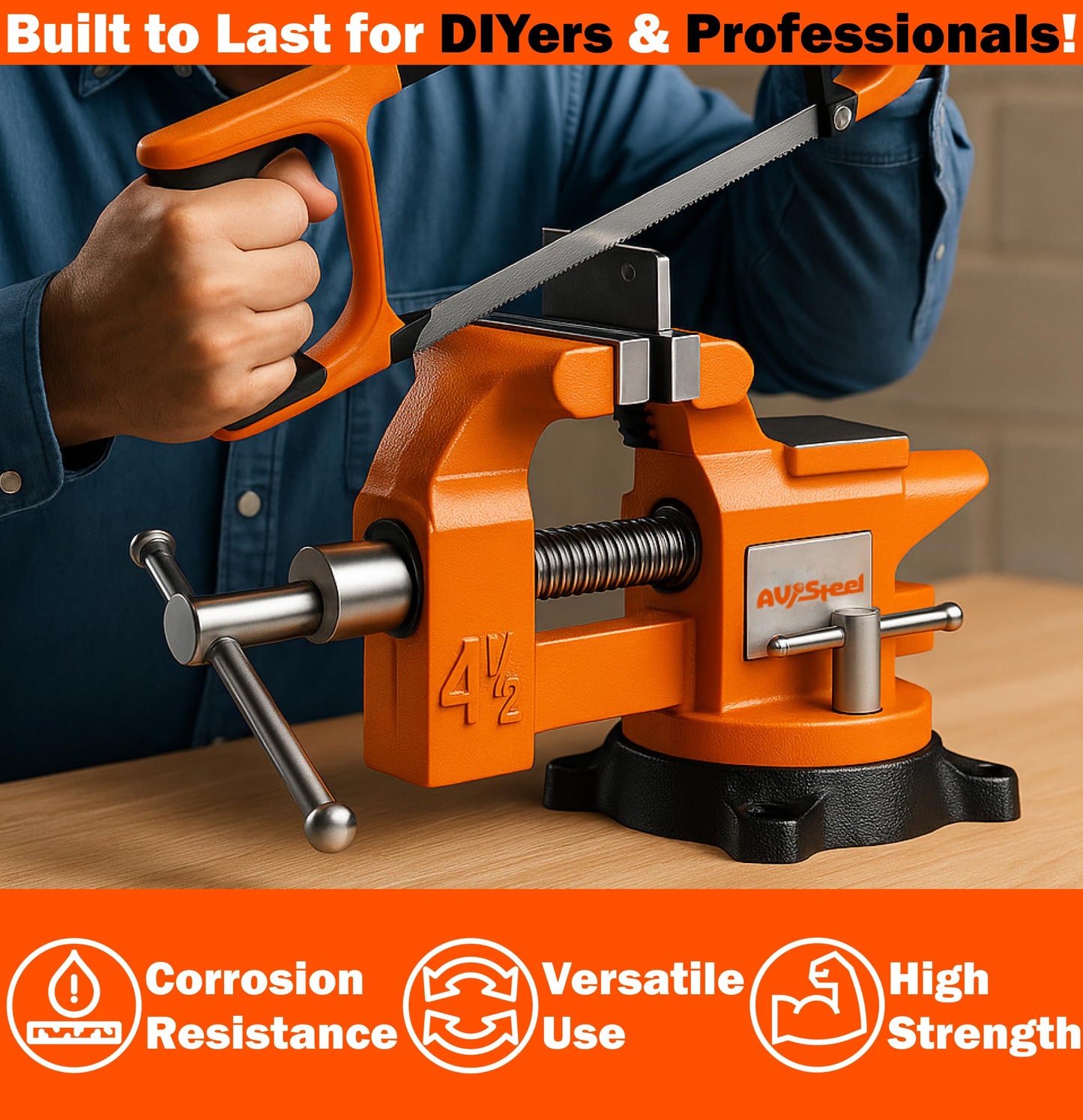 AV Steel 4-1/2" Bench Vise with 240° Flexible Swivel Locking Base and Anvil, High-Strength Multi-Purpose Workbench Vise Heavy-Duty, Cast Iron Workbench for Woodworking, Drilling, Pipe Cutting