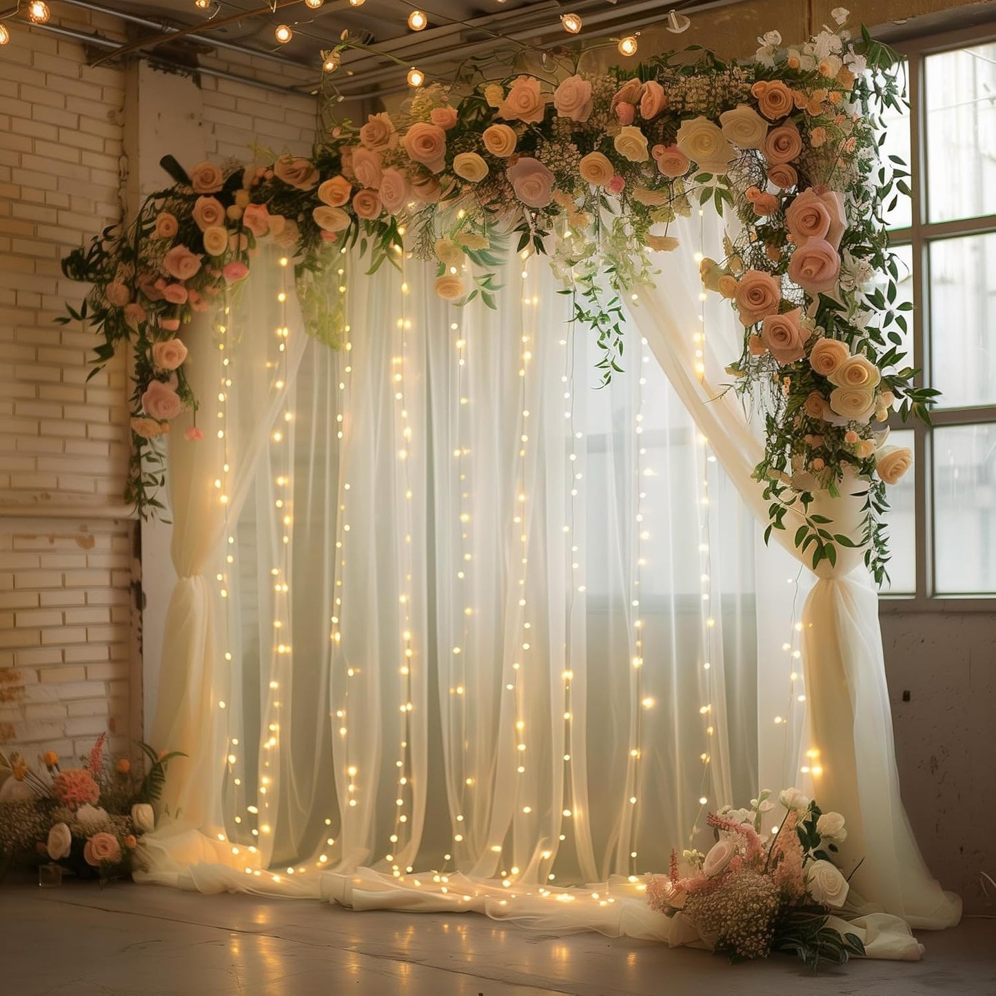 10FT 8FT (2 5x8FT) Tulle Backdrop Curtain with Lights String X Champagne Sheer Tulle Backdrop Curtains for Wedding