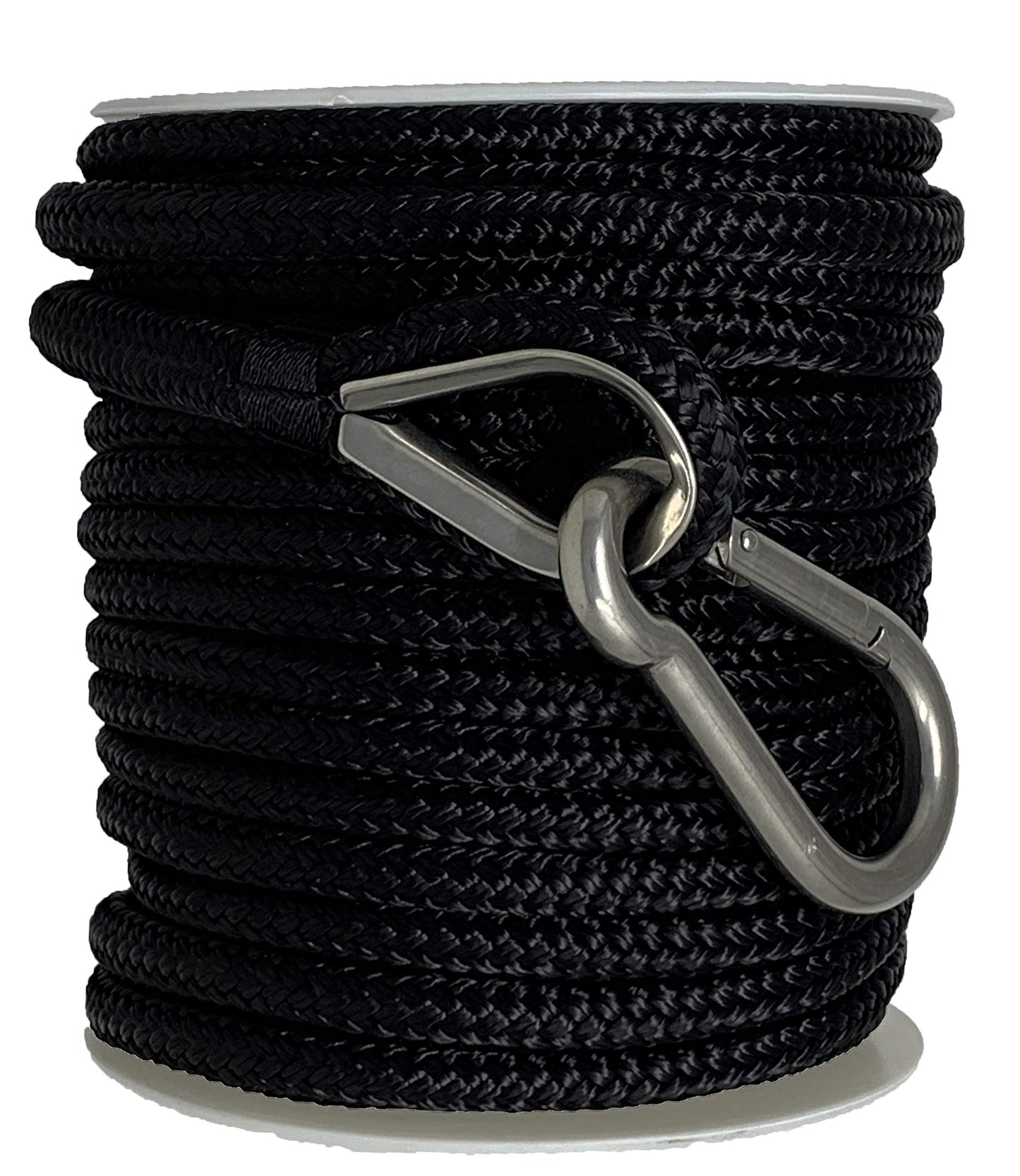 RainierSupplyCo Boat Anchor Rope - Double Braided Marine Rope Anchor Line - 100 ft x 3/8 Inch Nylon Boating Line with 316 Stainless Steel Thimble and Heavy Duty Marine Grade Bow Shackle - Black