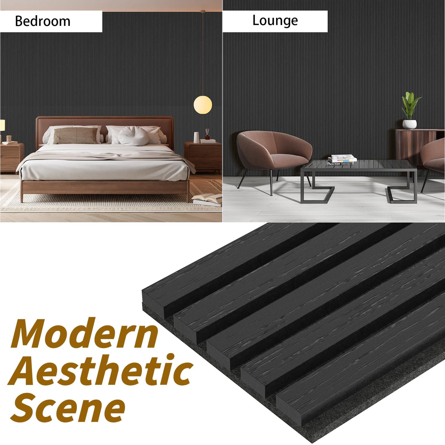 IMXPW 4-Piece Acoustic Wood Wall Panels, 3D Fluted Soundproof Wood Slat Wall Panels for Interior Wall Decor, 94.5" x 7.9"-Black