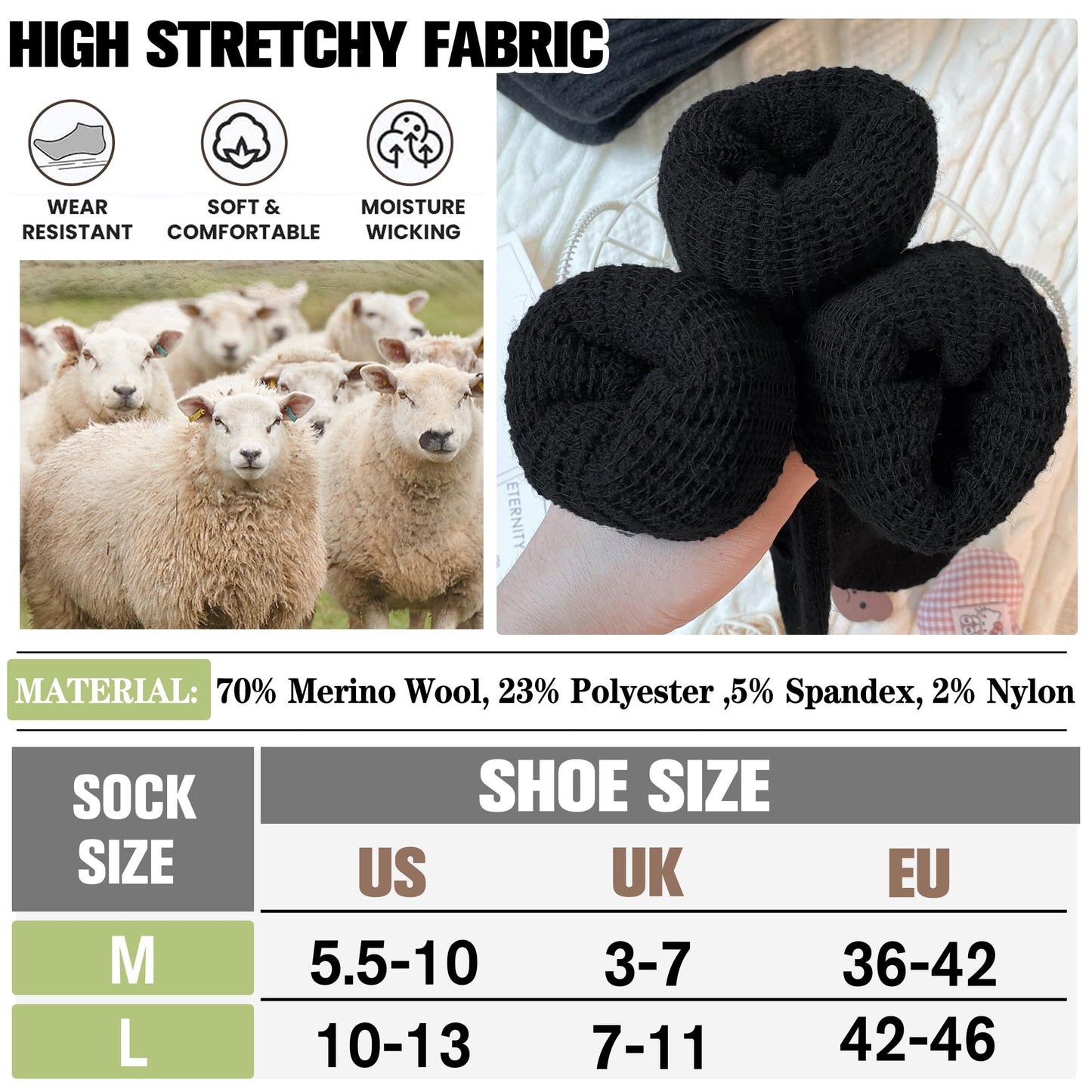 EBMORE Womens Black Merino Wool Slouchy Boot Socks Thermal Warm Winter Thick Scrunch Slouch Cozy Crew Gifts Socks 4 Pairs Stocking Stuffers(Black,M)