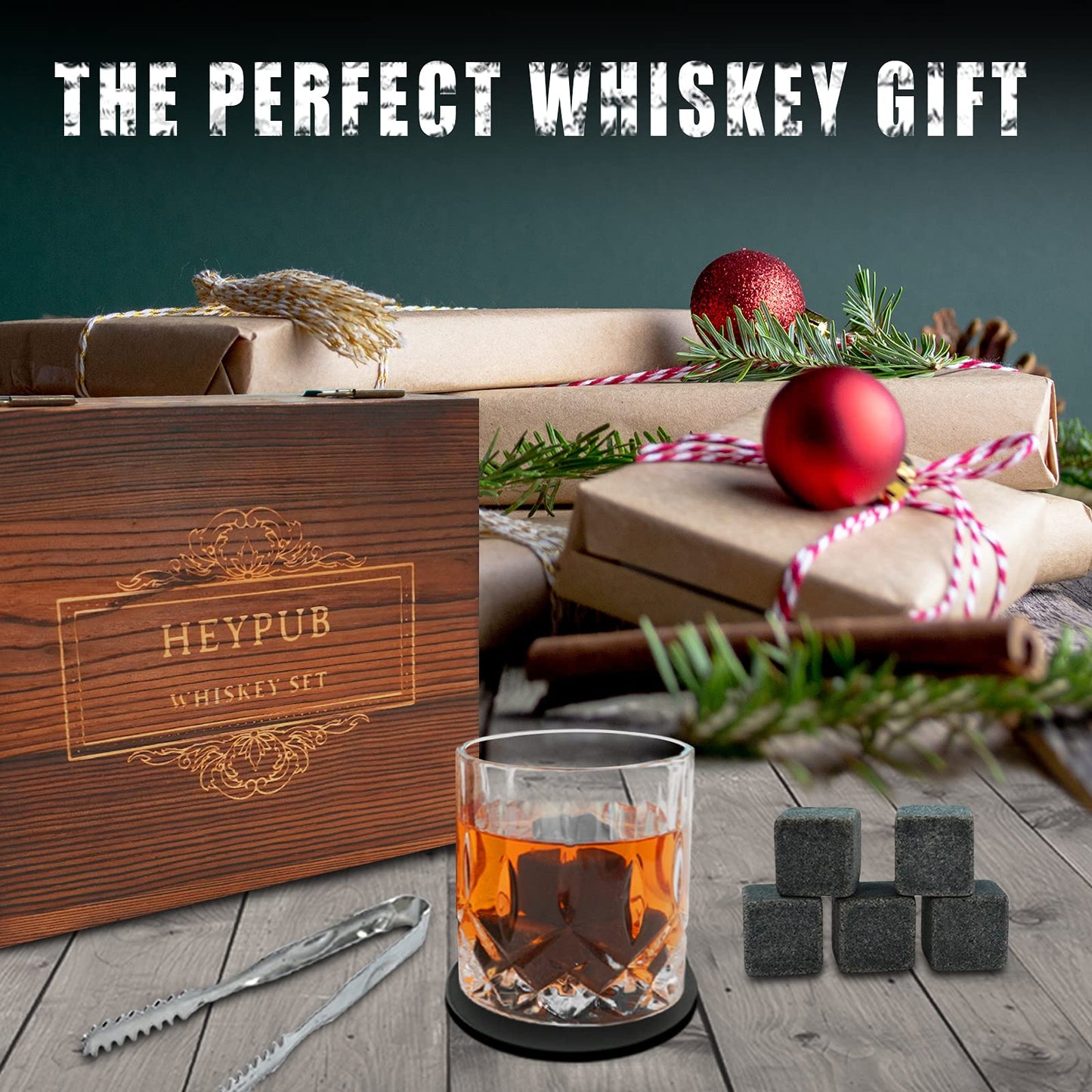 HEYPUB Whiskey Stones Gift Set,Whiskey Glasses Set 8 Granite Chilling Whisky Rocks, 2 Bourbon Glasses,Best Drinking Gifts for Men Dad Husband Birthday Anniversary Present,Plus 2 Free Coasters.