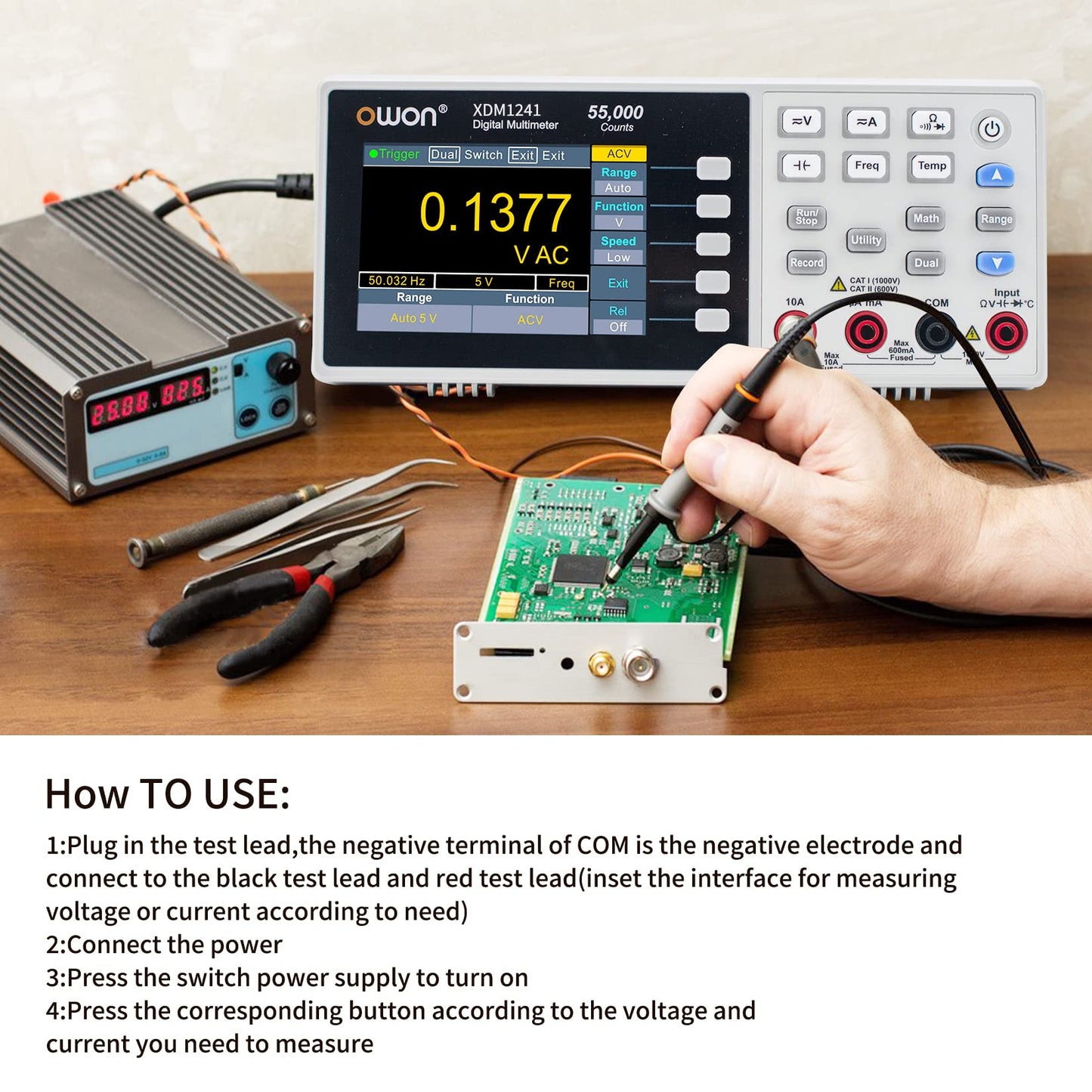 OWON XDM1241 Portable Digital Multimeter,3.5in Desktop Digital Multimeters, 55000 Counts LCD True RMS Temperature Tester Meter for Instruments and Laboratories, Factories