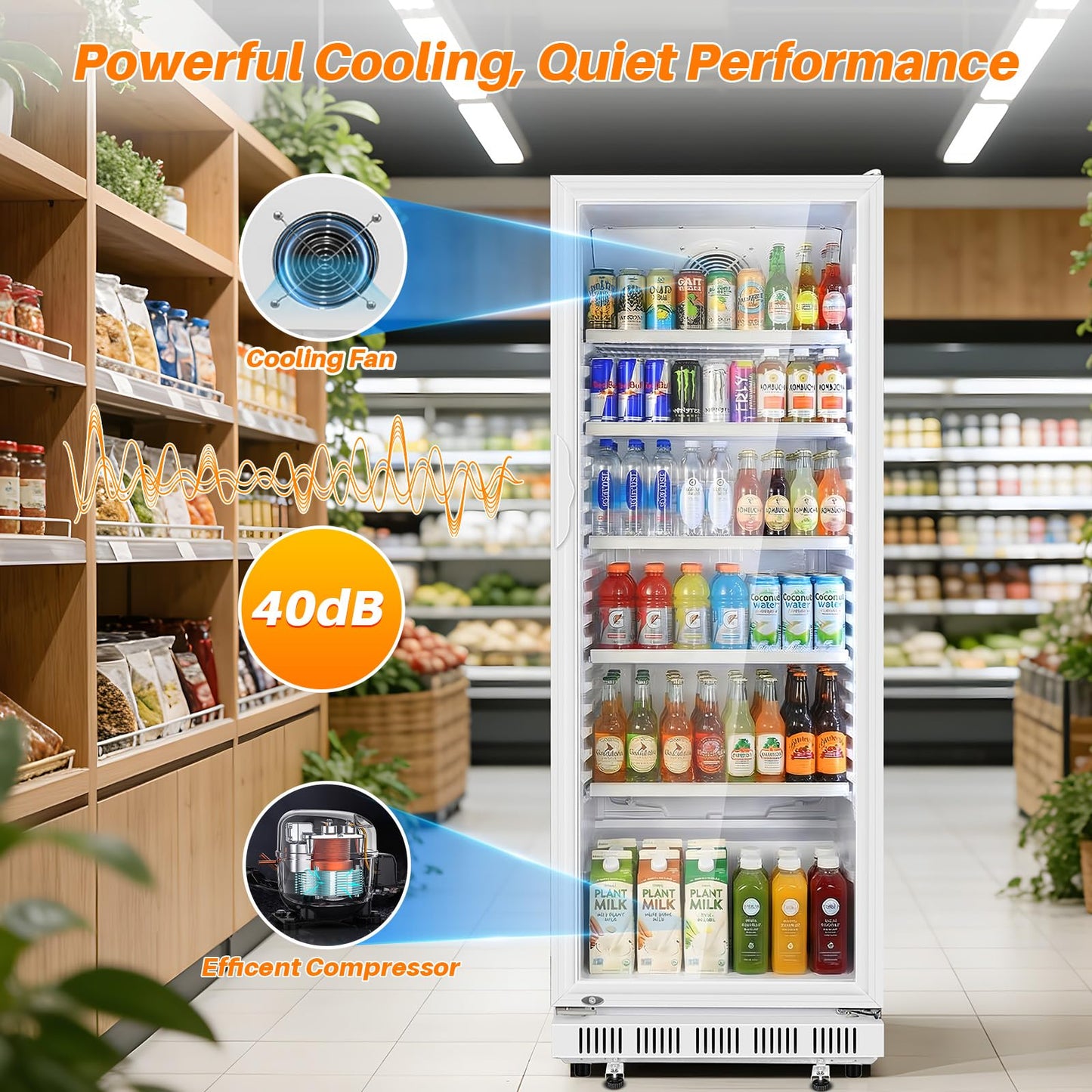 Velivi Commercial Beverage Refrigerator, 24.5" Glass Door Display Fridge, 15 Cu.Ft Beverage Cooler with 5 Adjustable Shelves, Auto Rebound Door, Low Noise, for Shops, Restaurants & Bars WHITE