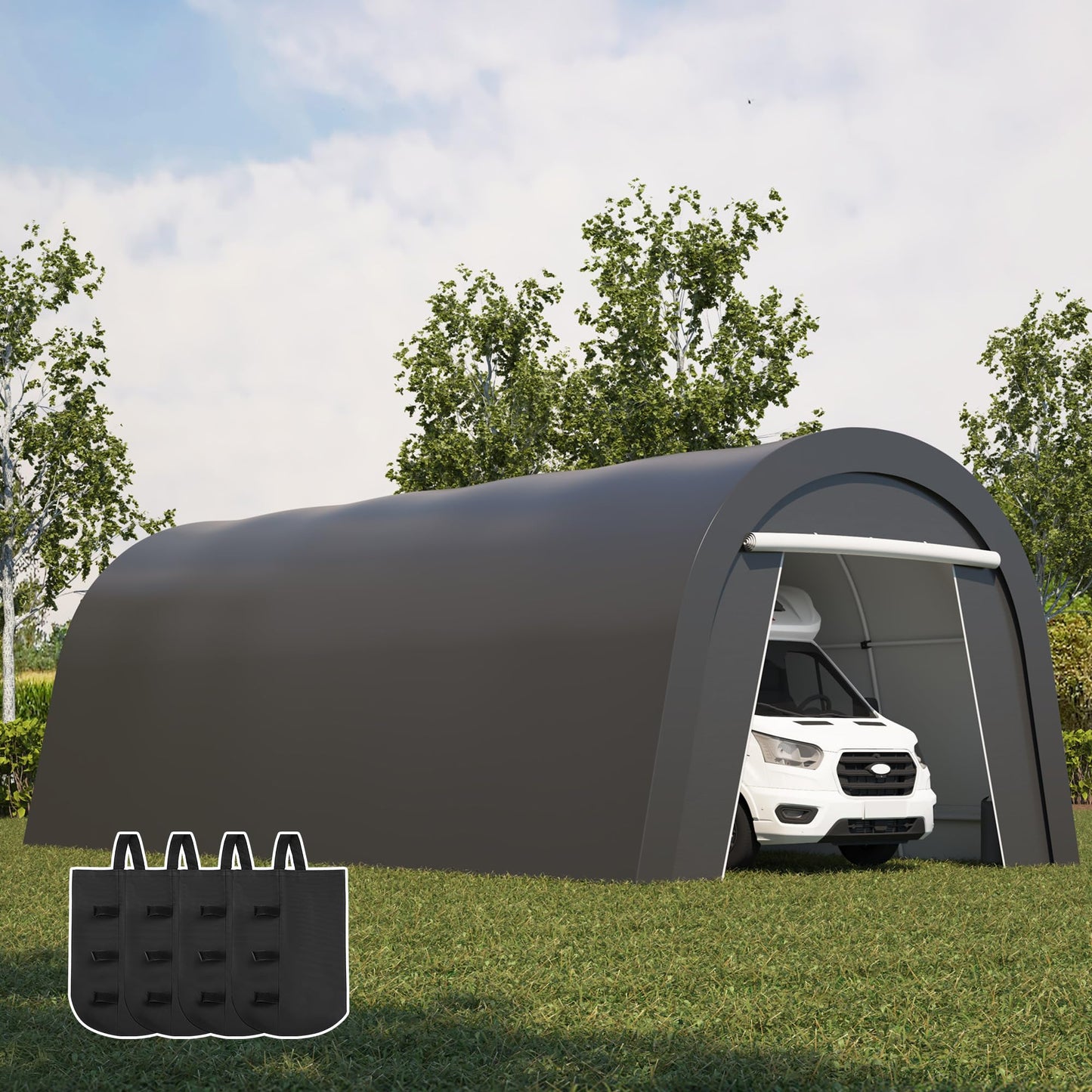 Wisteria Lane Heavy Duty Carport with 4 Cloth Bags, All-Weather Car Canopy with 2 Roll-up Doors, Portable Garage Storage Shelter Shed for Boat, Truck, or Garden Tools, 12' x 25'